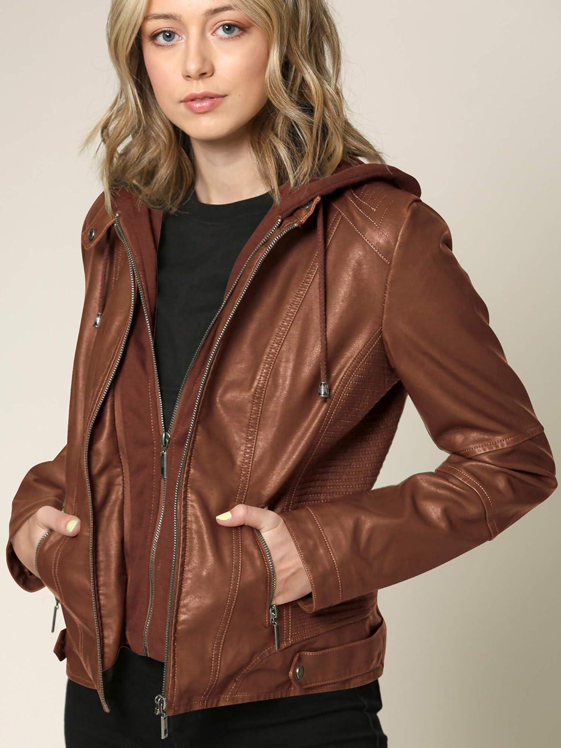 imageLock and Love Womens Faux Leather Moto Biker Jacket Coat with Removable or NonRemovable HoodWjc1044camel