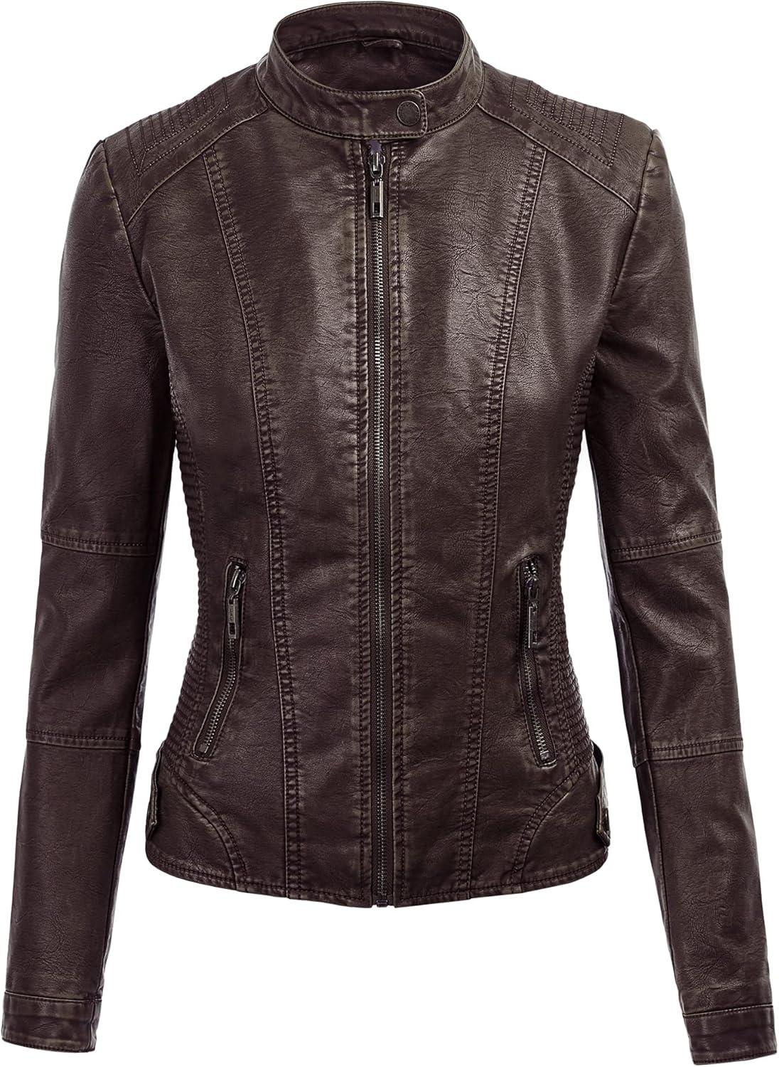 imageLock and Love Womens Faux Leather Moto Biker Jacket Coat with Removable or NonRemovable HoodWjc1044coffee