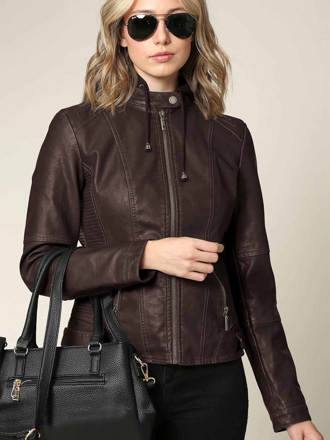 imageLock and Love Womens Faux Leather Moto Biker Jacket Coat with Removable or NonRemovable HoodWjc1044coffee