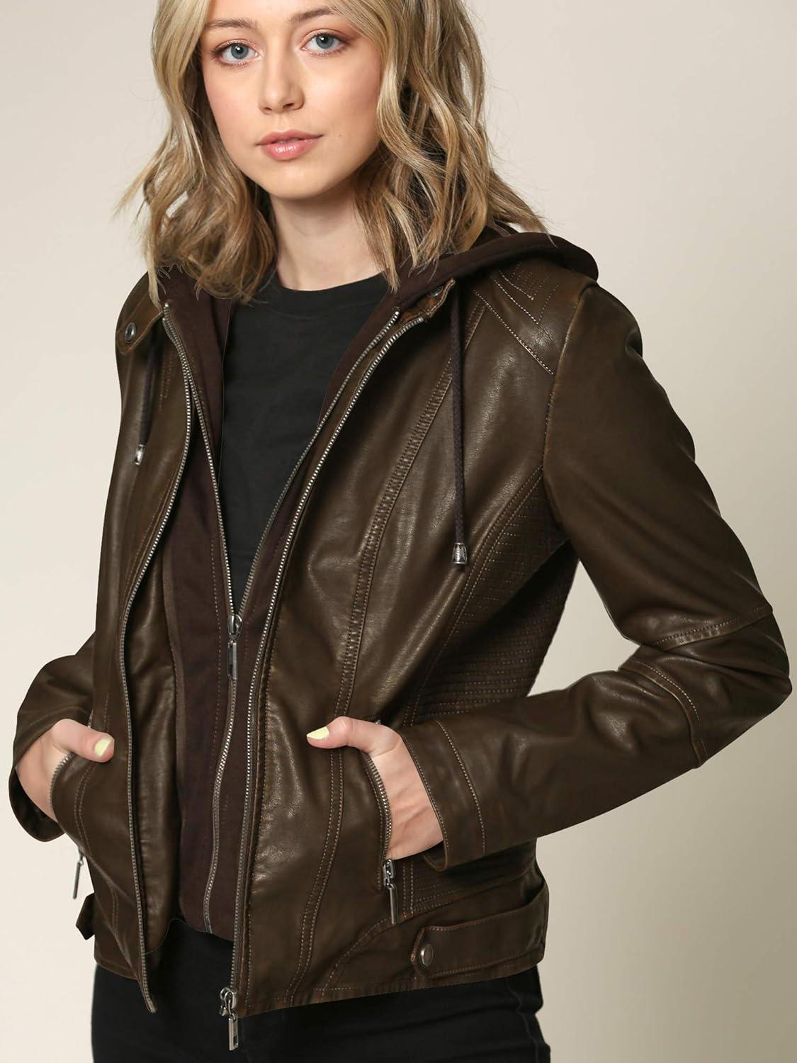 imageLock and Love Womens Faux Leather Moto Biker Jacket Coat with Removable or NonRemovable HoodWjc1044coffee