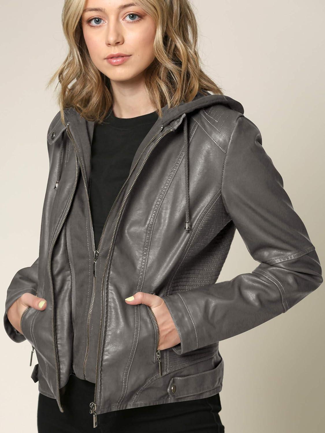 imageLock and Love Womens Faux Leather Moto Biker Jacket Coat with Removable or NonRemovable HoodWjc1044grey