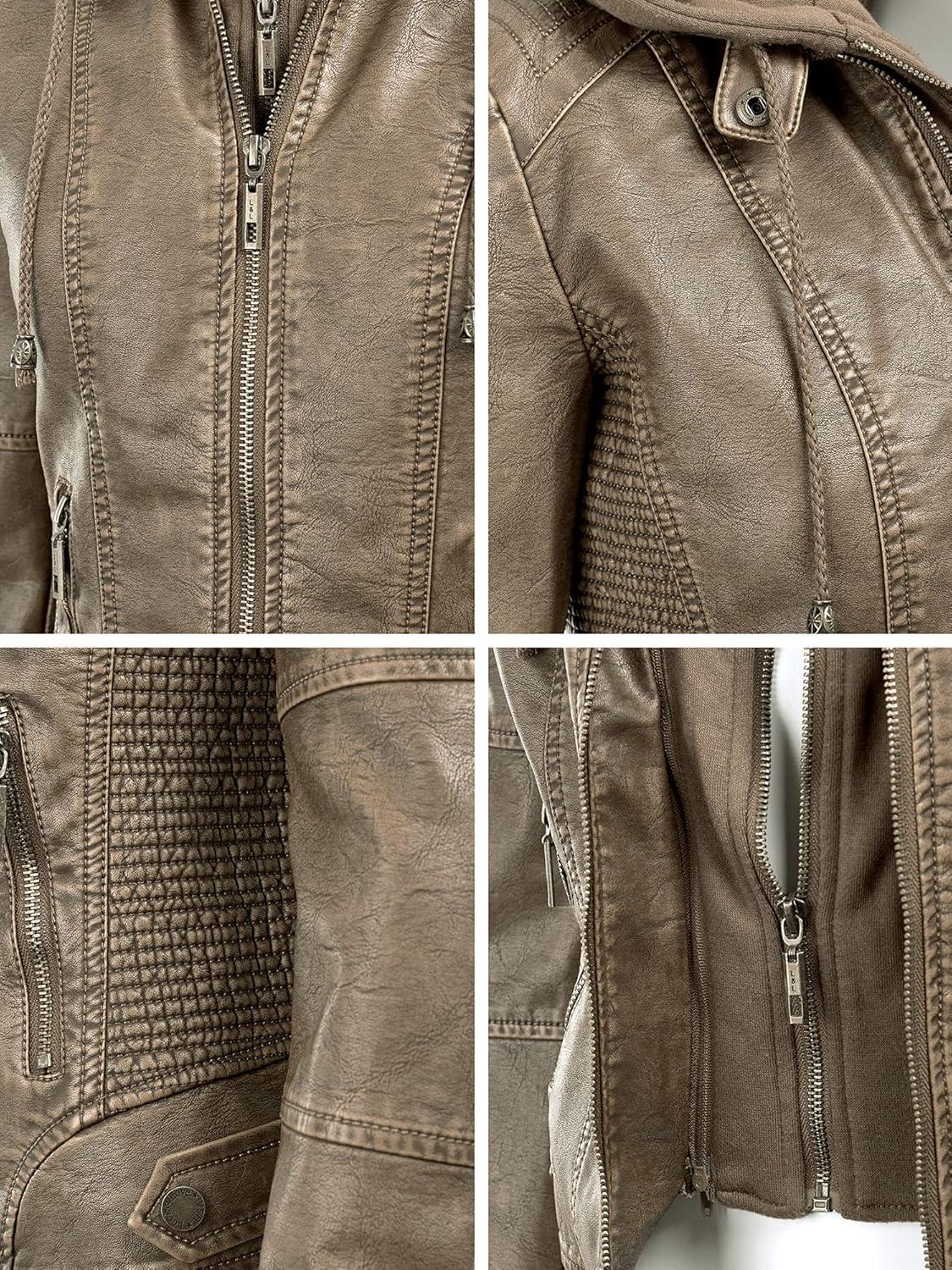 imageLock and Love Womens Faux Leather Moto Biker Jacket Coat with Removable or NonRemovable HoodWjc1044khaki