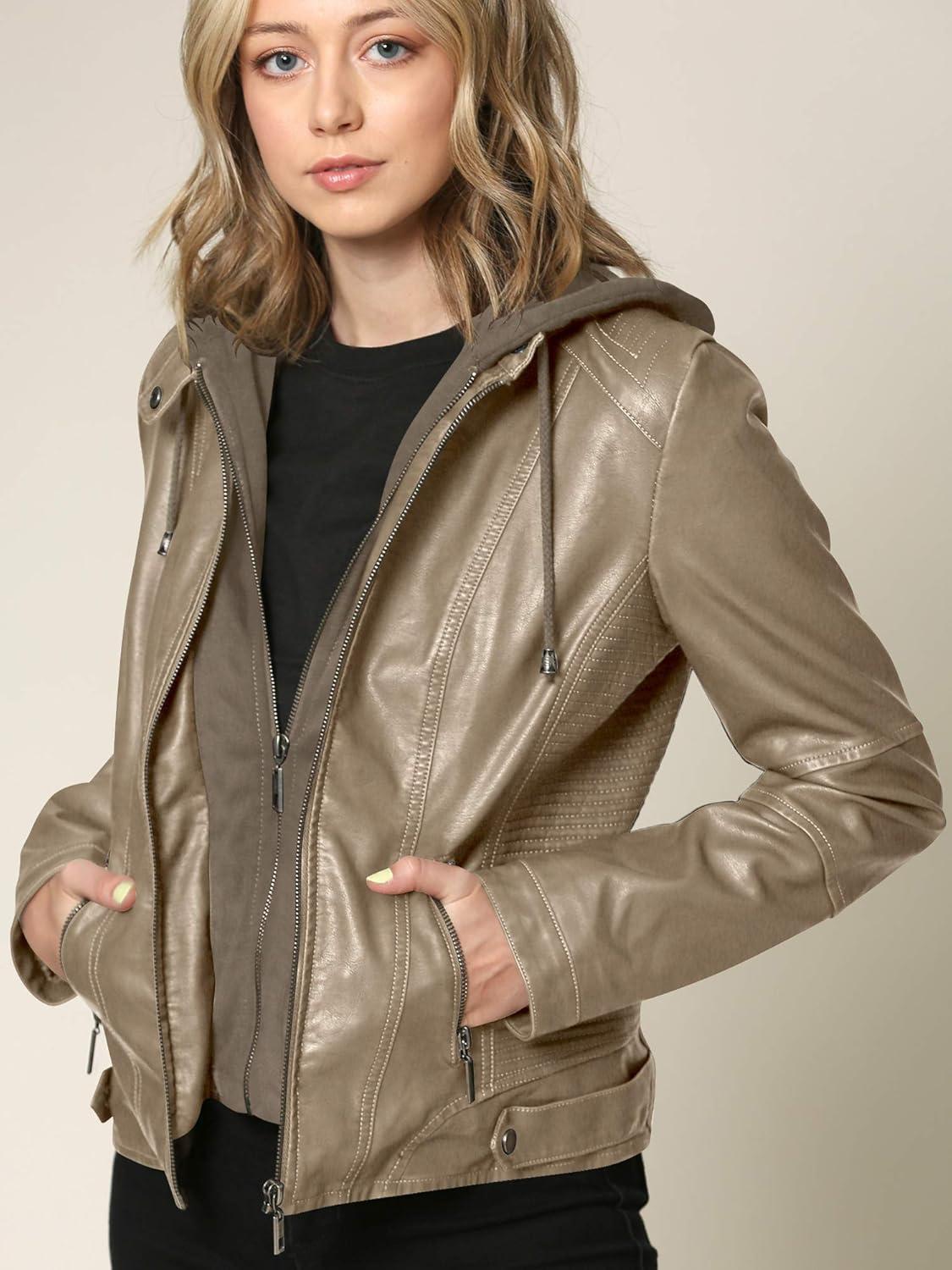imageLock and Love Womens Faux Leather Moto Biker Jacket Coat with Removable or NonRemovable HoodWjc1044khaki