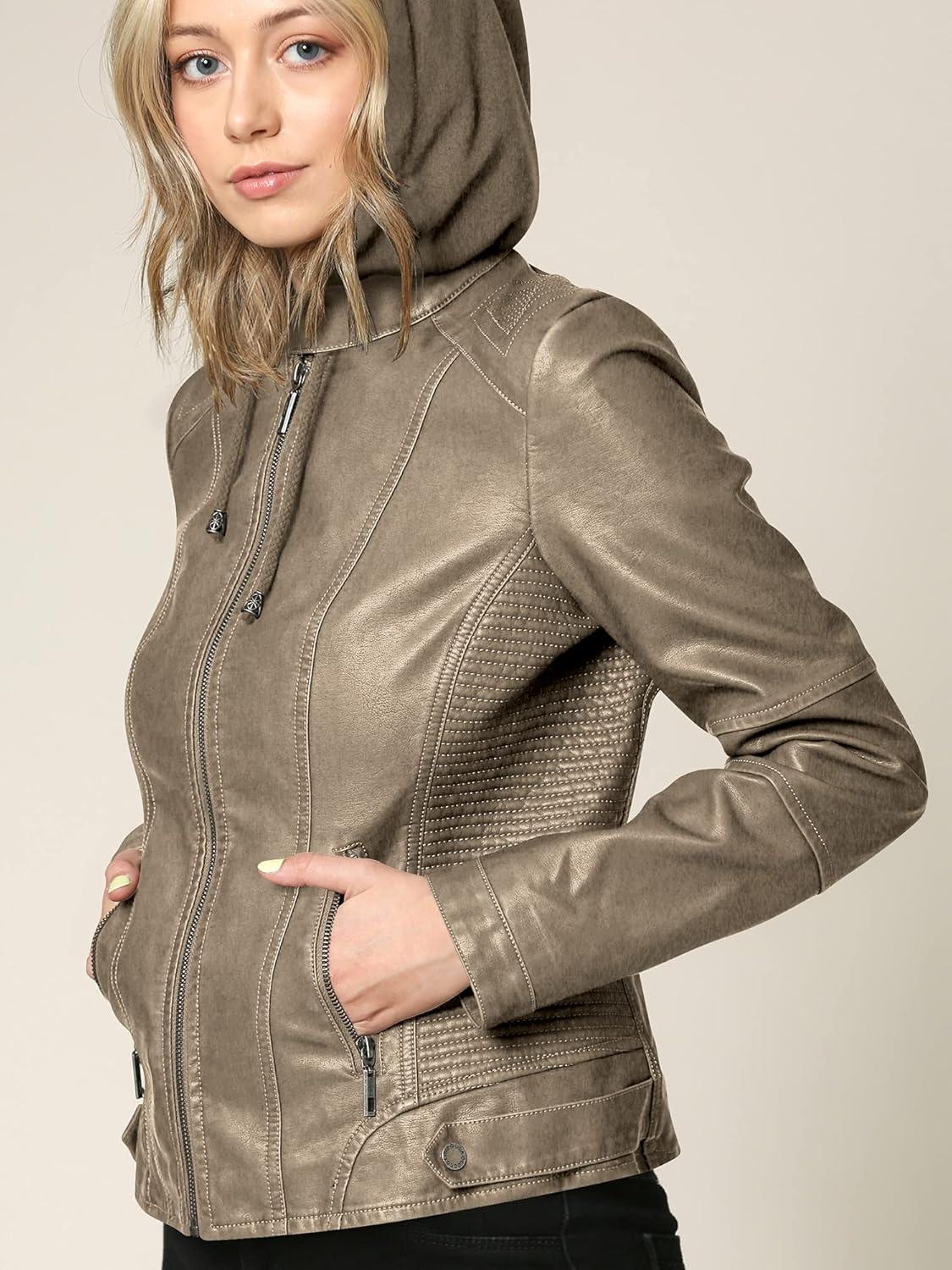 imageLock and Love Womens Faux Leather Moto Biker Jacket Coat with Removable or NonRemovable HoodWjc1044khaki