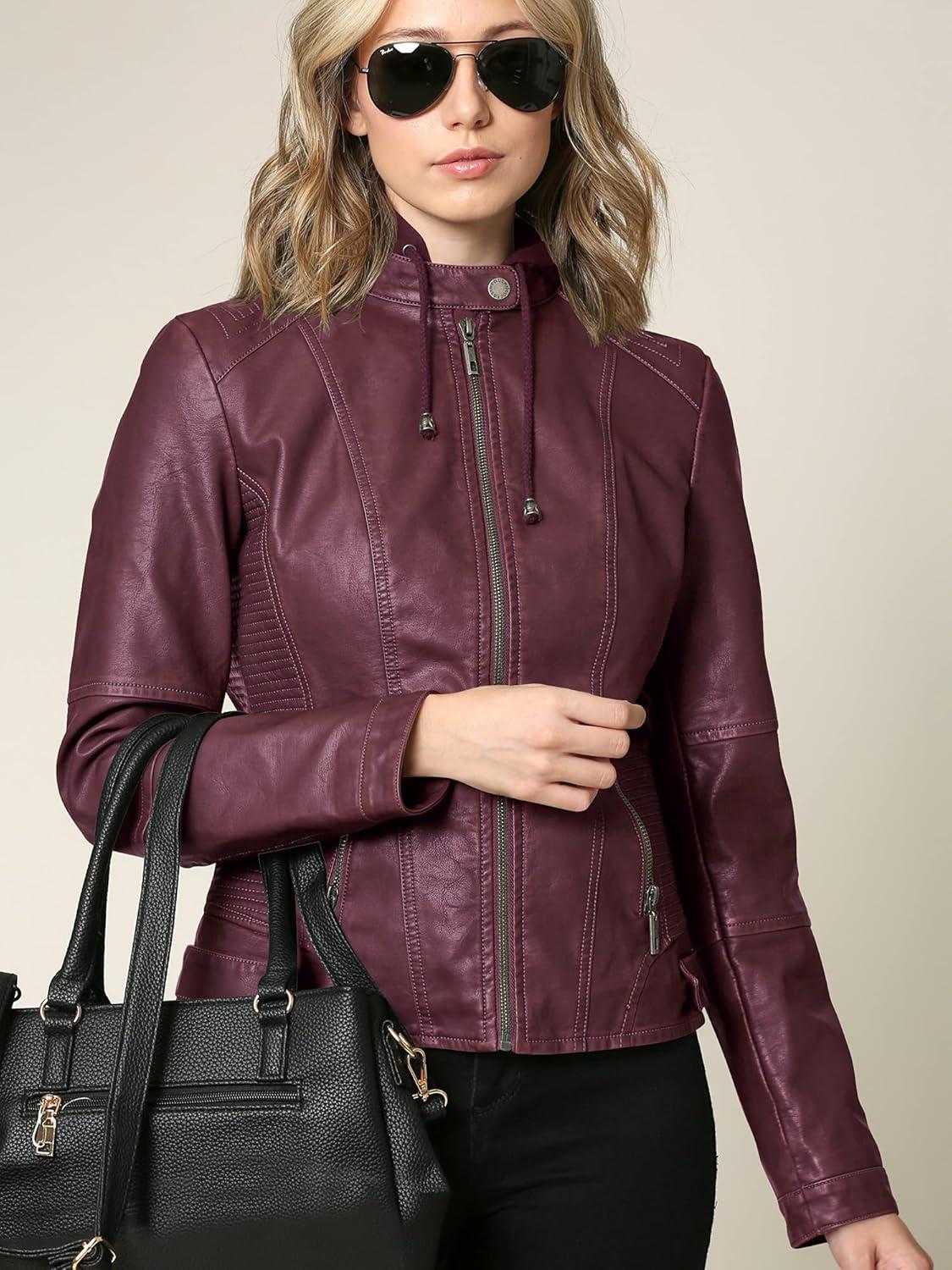 imageLock and Love Womens Faux Leather Moto Biker Jacket Coat with Removable or NonRemovable HoodWjc1044wine