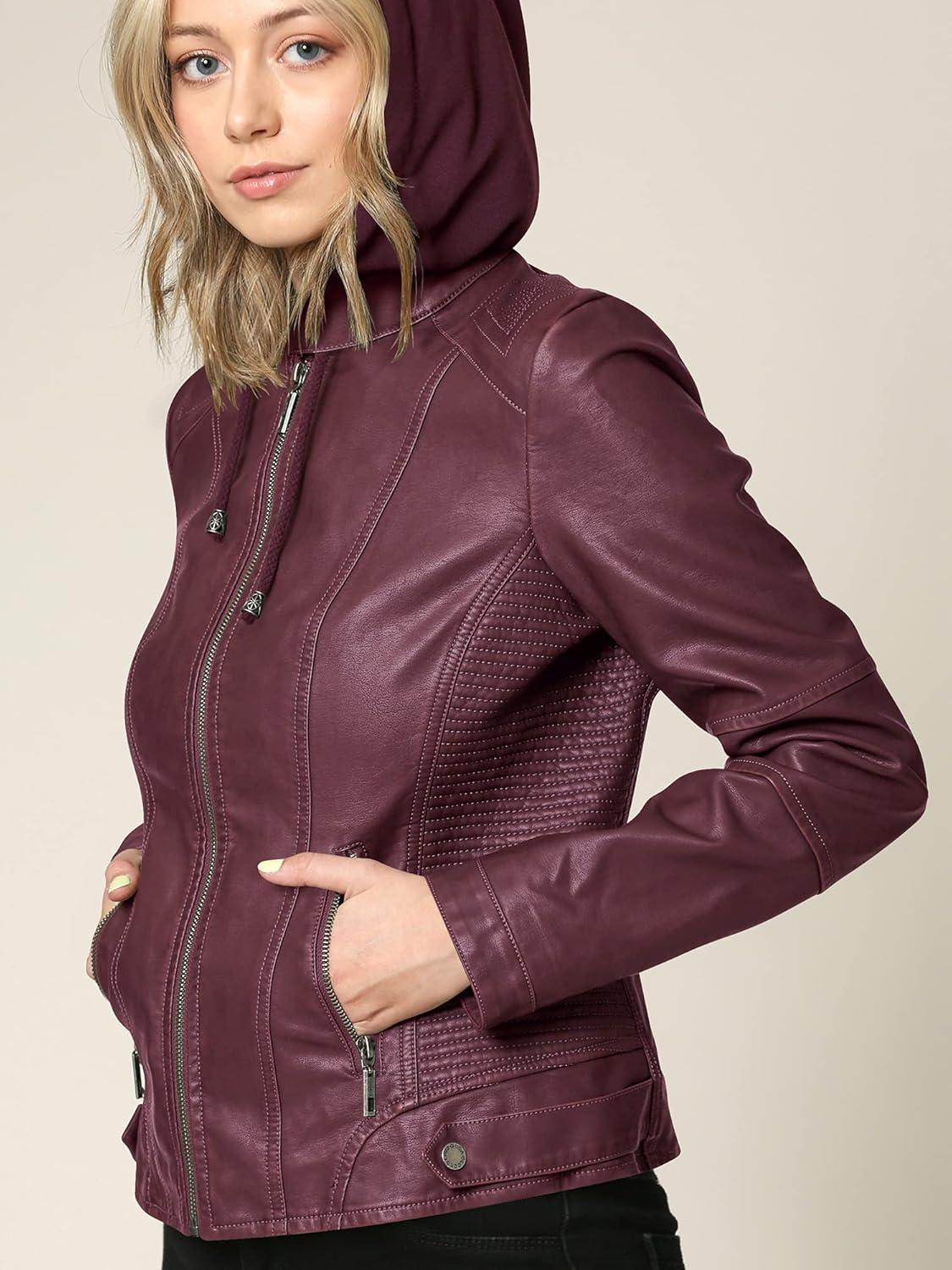 imageLock and Love Womens Faux Leather Moto Biker Jacket Coat with Removable or NonRemovable HoodWjc1044wine