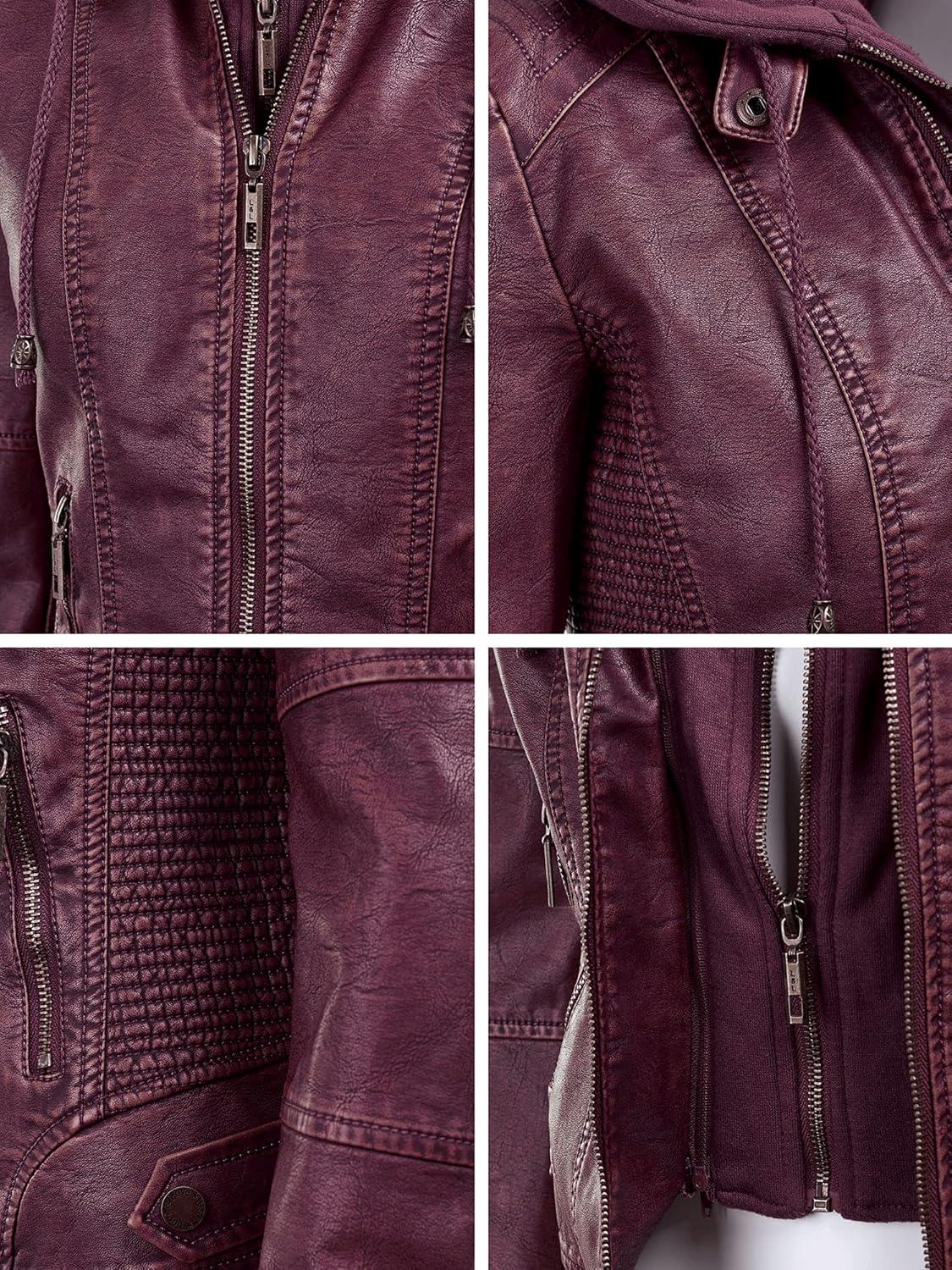 imageLock and Love Womens Faux Leather Moto Biker Jacket Coat with Removable or NonRemovable HoodWjc1044wine