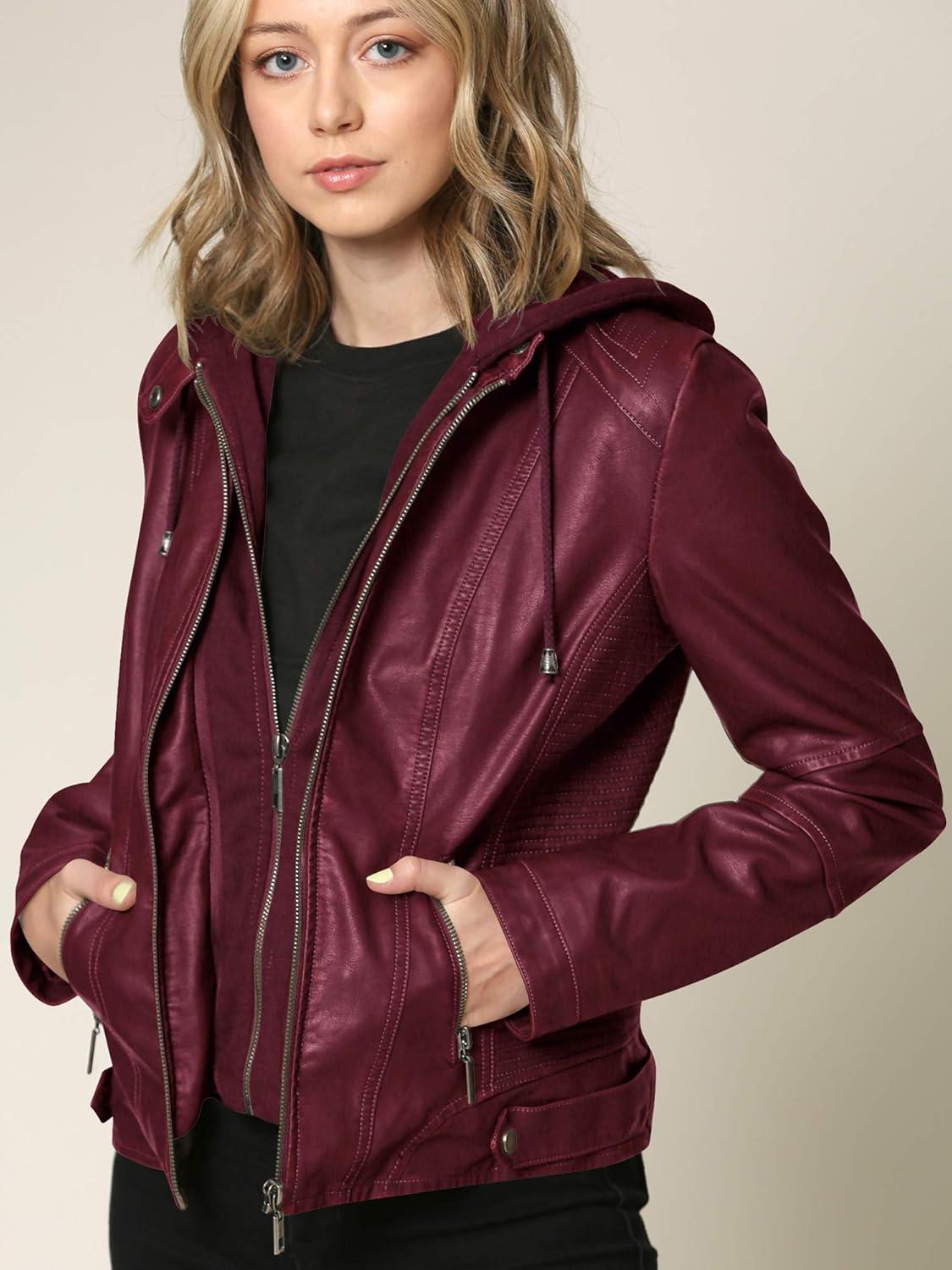 imageLock and Love Womens Faux Leather Moto Biker Jacket Coat with Removable or NonRemovable HoodWjc1044wine