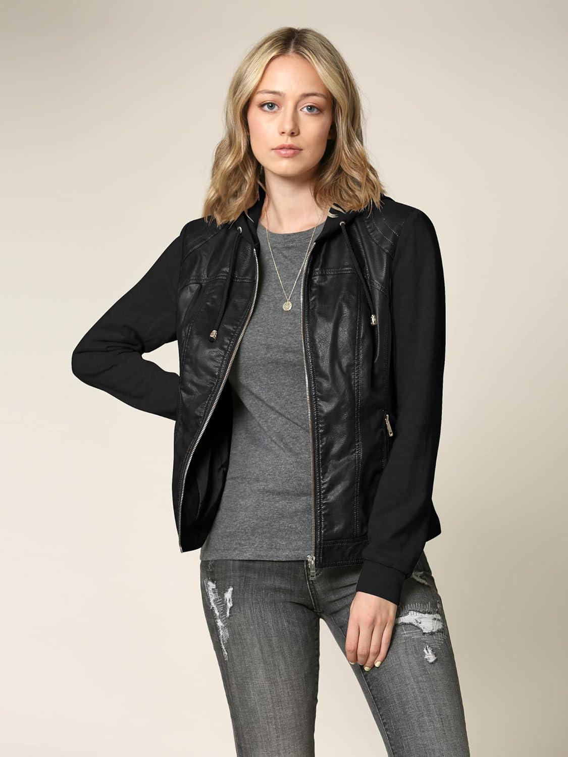 imageLock and Love Womens Faux Leather Moto Biker Jacket Coat with Removable or NonRemovable HoodWjc1347blackblack