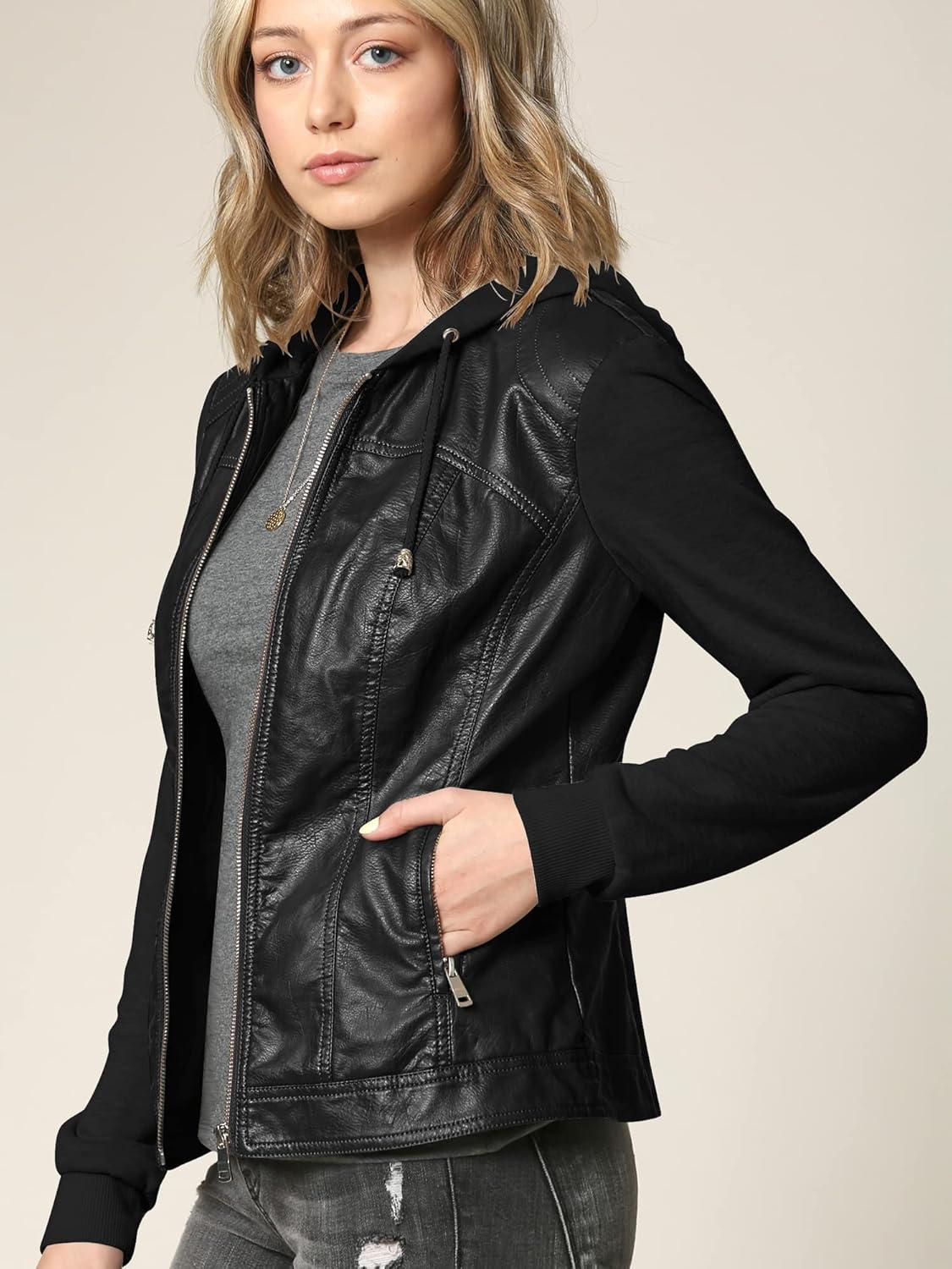 imageLock and Love Womens Faux Leather Moto Biker Jacket Coat with Removable or NonRemovable HoodWjc1347blackblack