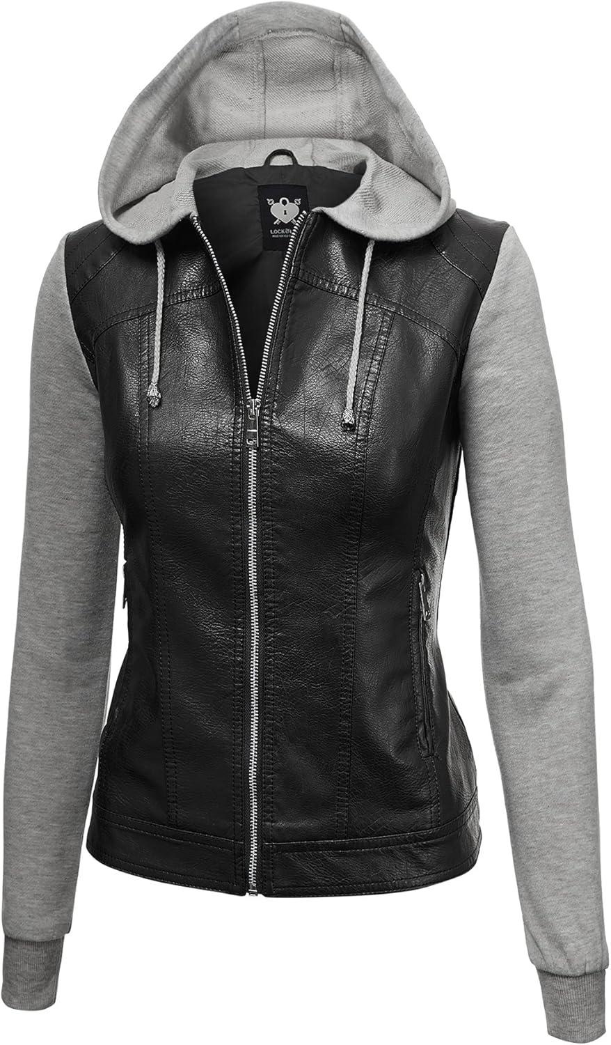 imageLock and Love Womens Faux Leather Moto Biker Jacket Coat with Removable or NonRemovable HoodWjc1347blackhgrey
