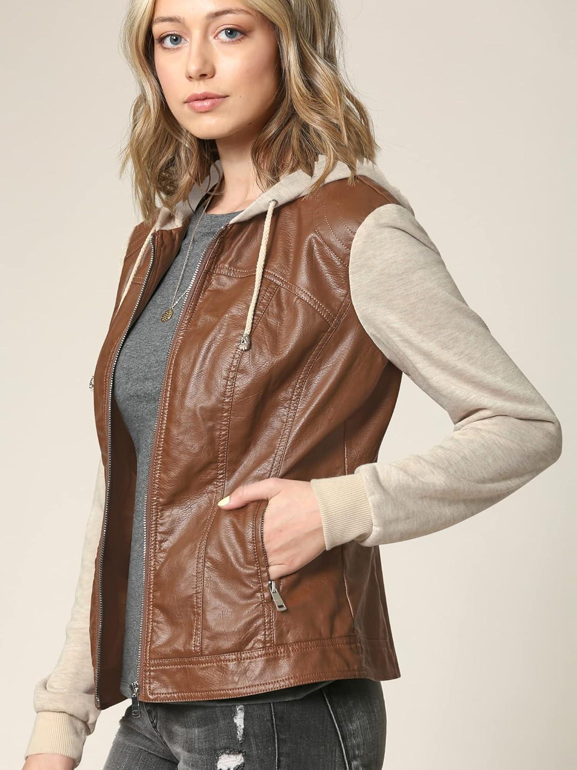 imageLock and Love Womens Faux Leather Moto Biker Jacket Coat with Removable or NonRemovable HoodWjc1347cameloatmeal