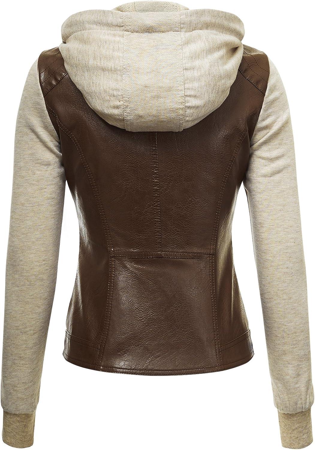 imageLock and Love Womens Faux Leather Moto Biker Jacket Coat with Removable or NonRemovable HoodWjc1347coffeeoatmeal