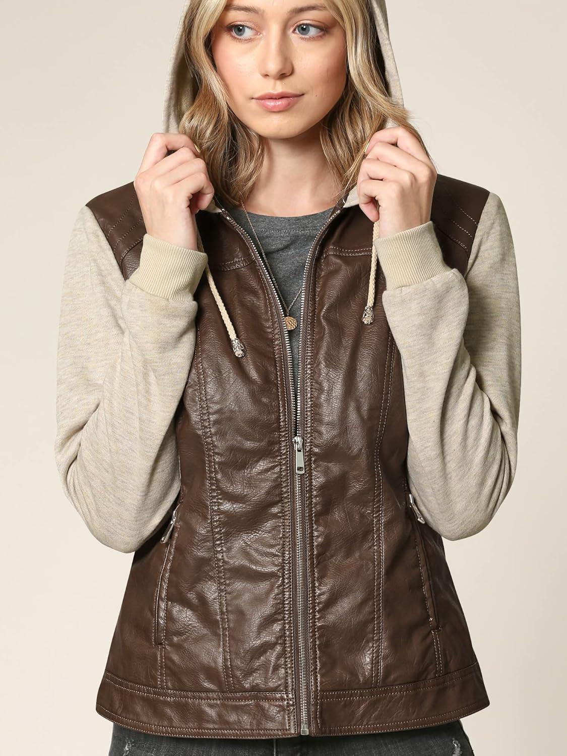 imageLock and Love Womens Faux Leather Moto Biker Jacket Coat with Removable or NonRemovable HoodWjc1347coffeeoatmeal