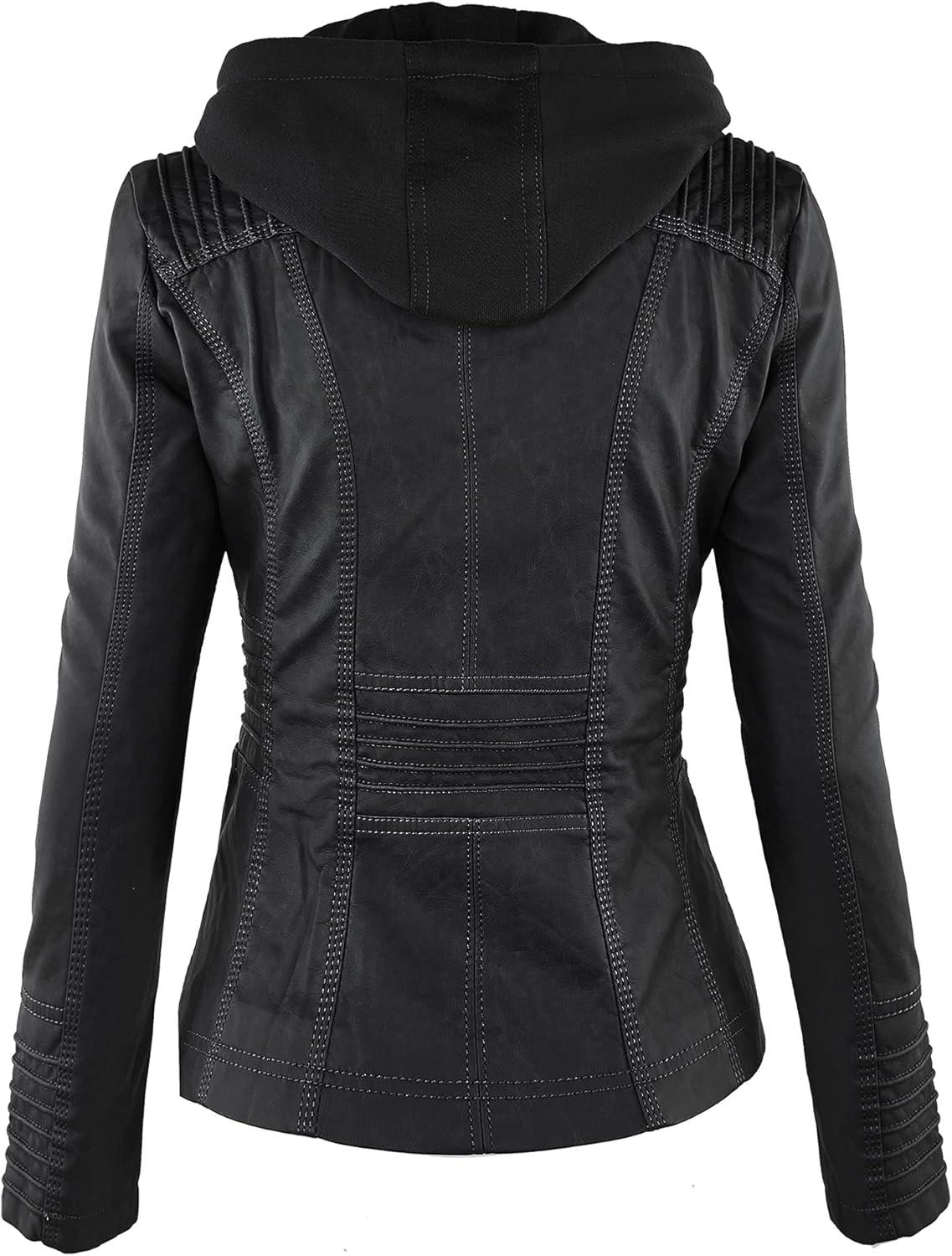imageLock and Love Womens Faux Leather Moto Biker Jacket Coat with Removable or NonRemovable HoodWjc663black