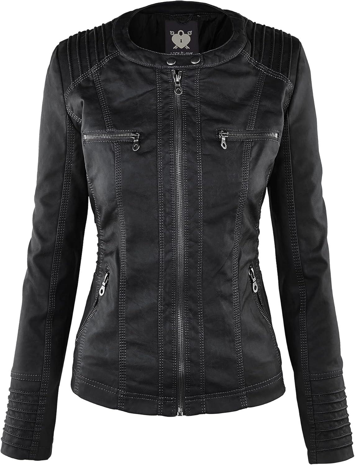 imageLock and Love Womens Faux Leather Moto Biker Jacket Coat with Removable or NonRemovable HoodWjc663black