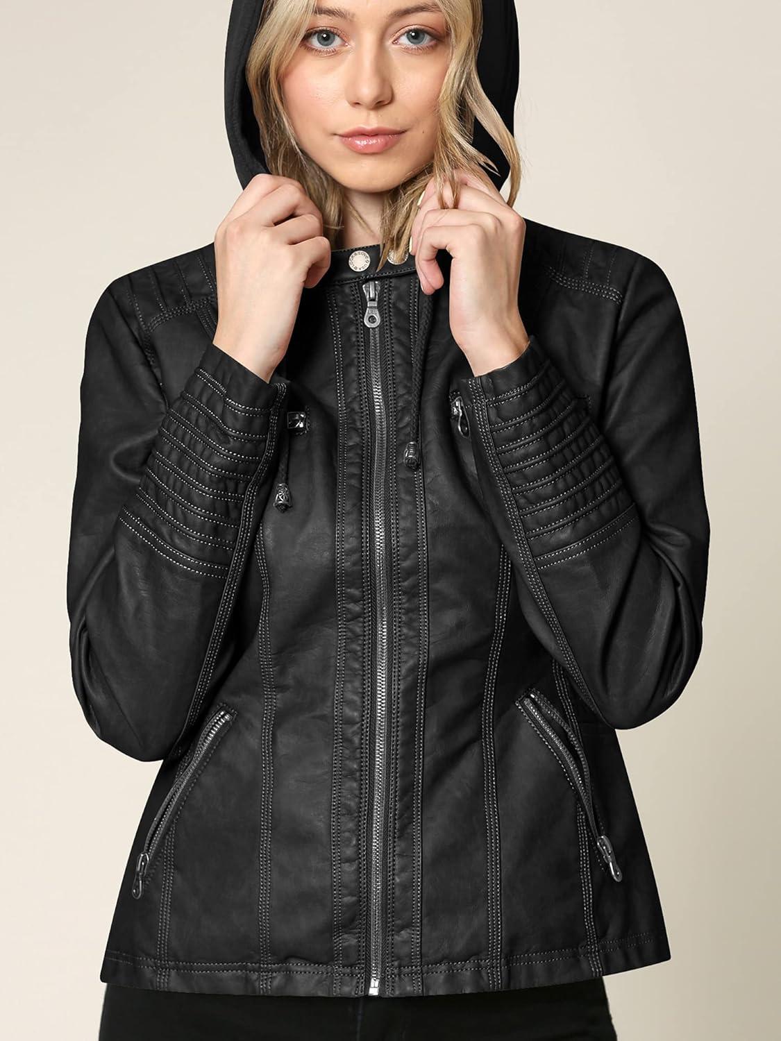 imageLock and Love Womens Faux Leather Moto Biker Jacket Coat with Removable or NonRemovable HoodWjc663black