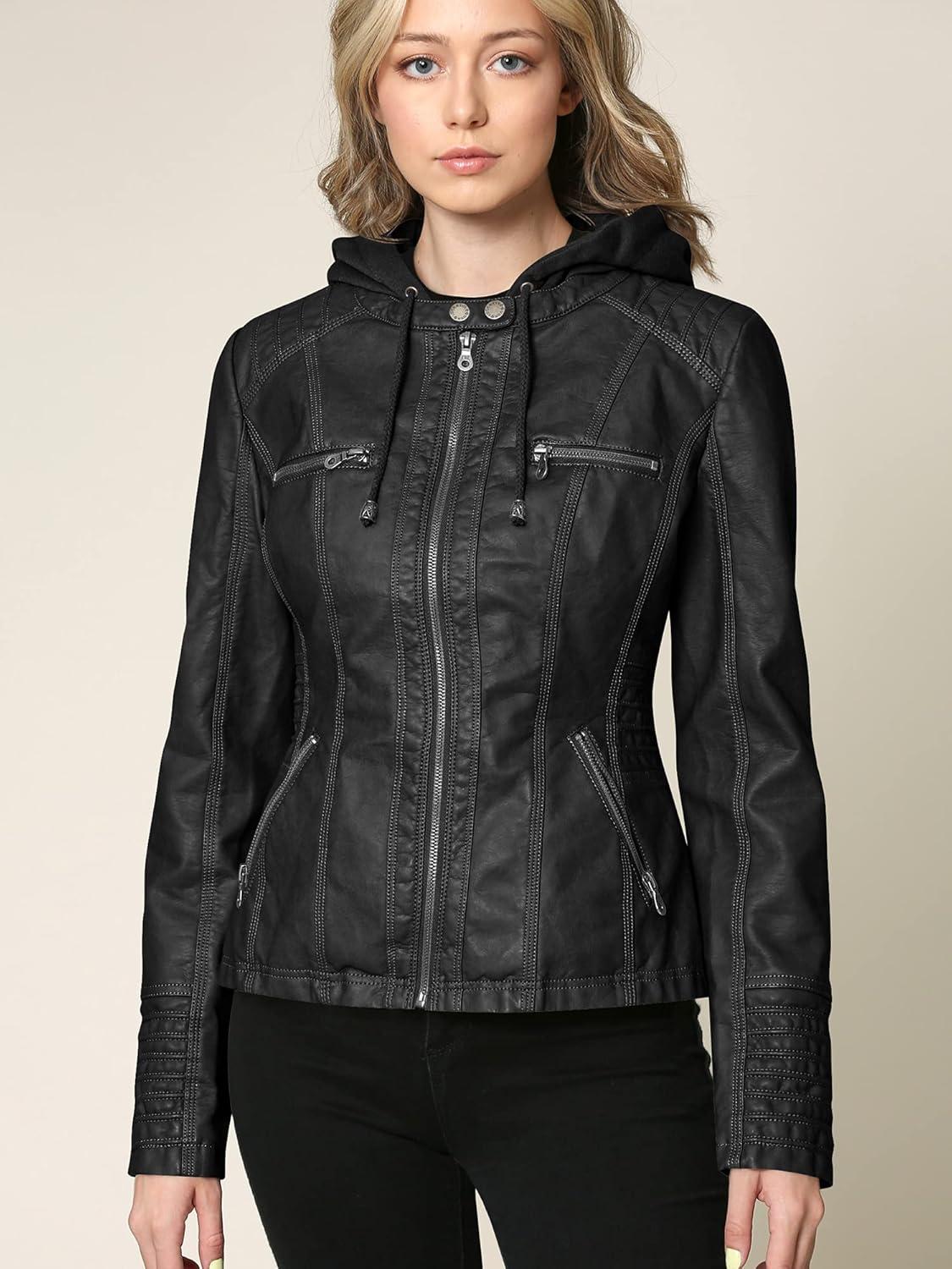 imageLock and Love Womens Faux Leather Moto Biker Jacket Coat with Removable or NonRemovable HoodWjc663black