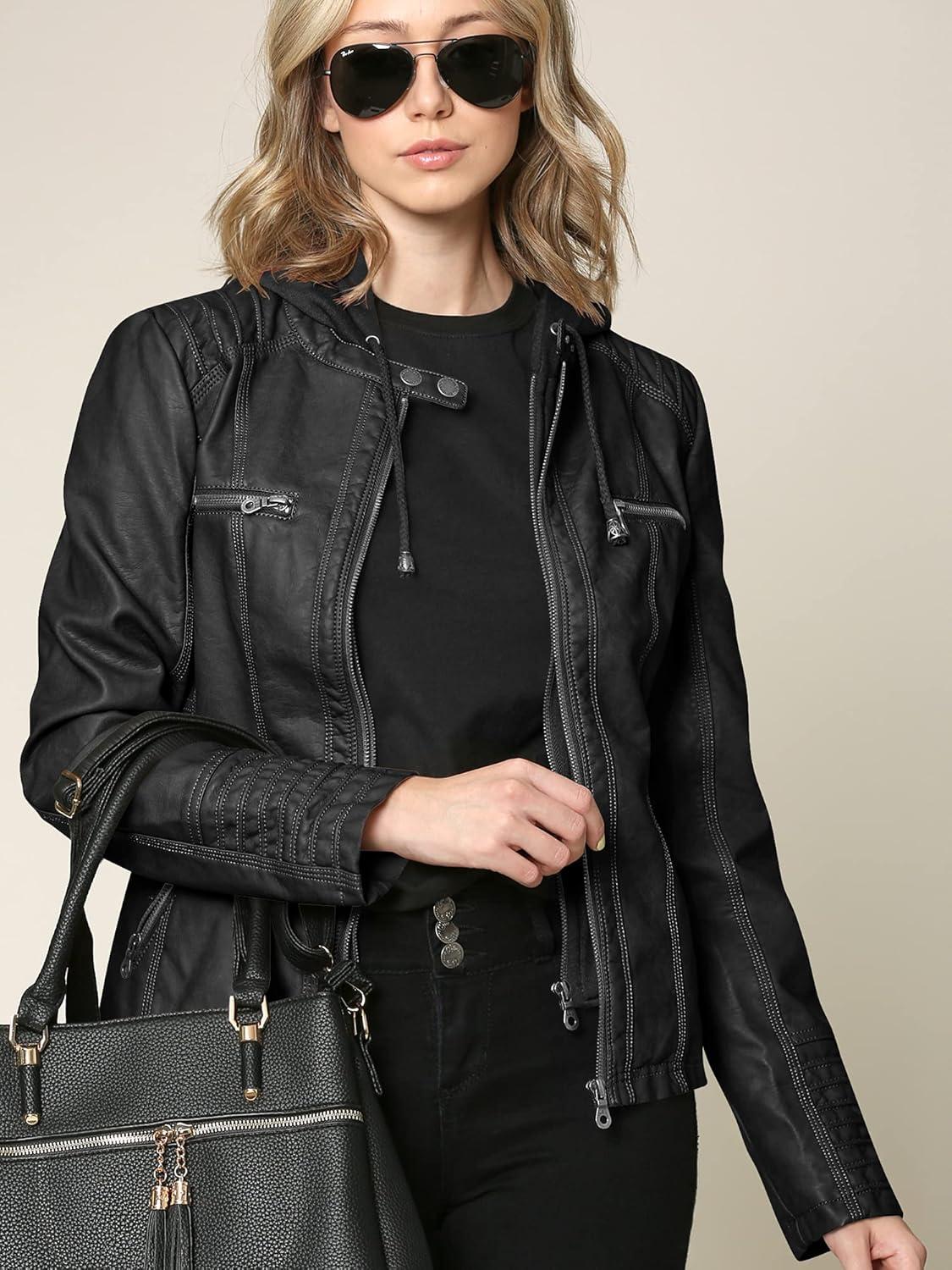 imageLock and Love Womens Faux Leather Moto Biker Jacket Coat with Removable or NonRemovable HoodWjc663black