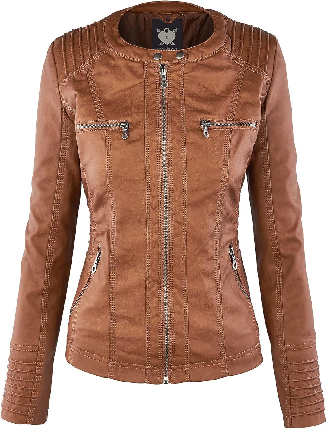 imageLock and Love Womens Faux Leather Moto Biker Jacket Coat with Removable or NonRemovable HoodWjc663camel