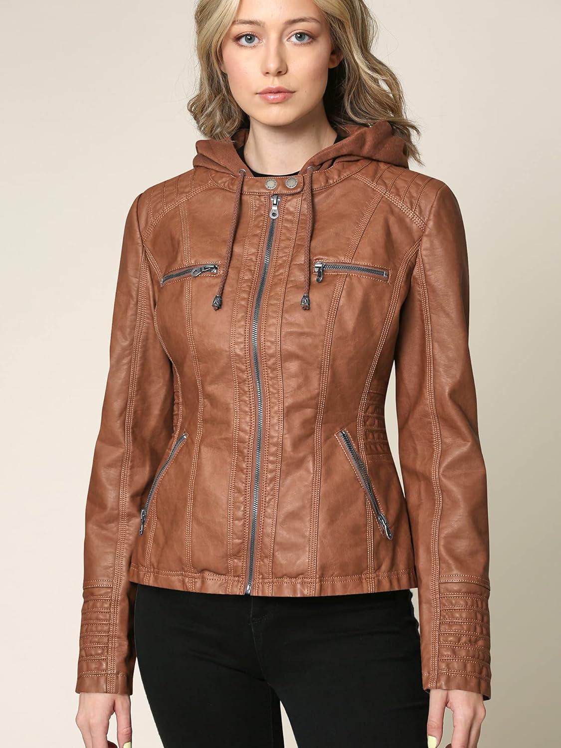 imageLock and Love Womens Faux Leather Moto Biker Jacket Coat with Removable or NonRemovable HoodWjc663camel