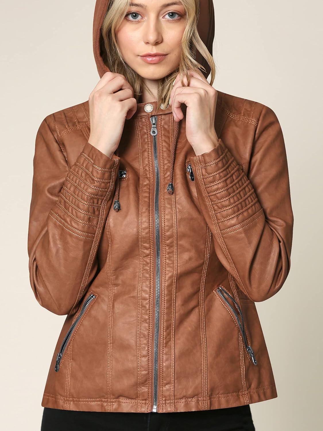 imageLock and Love Womens Faux Leather Moto Biker Jacket Coat with Removable or NonRemovable HoodWjc663camel