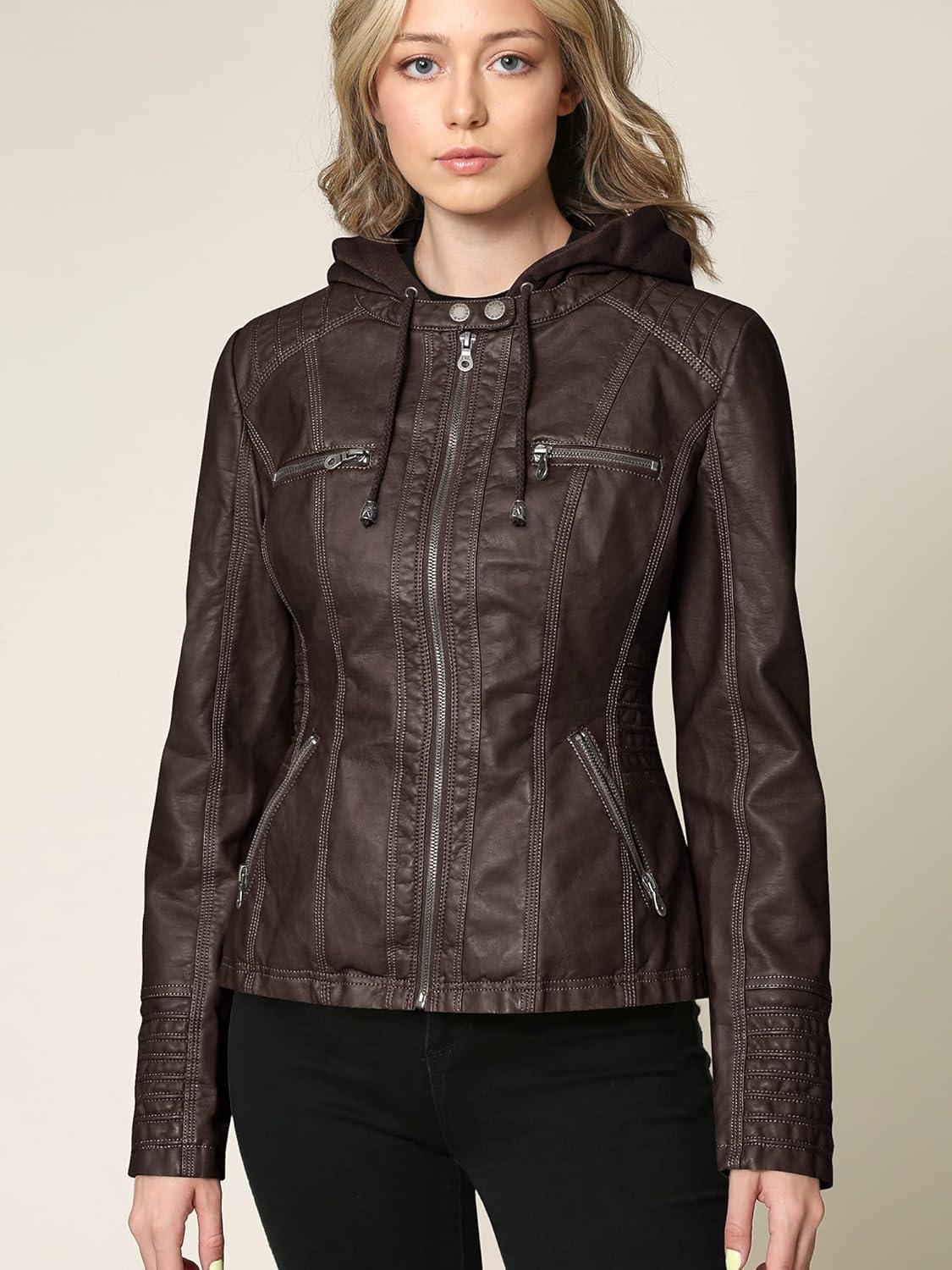 imageLock and Love Womens Faux Leather Moto Biker Jacket Coat with Removable or NonRemovable HoodWjc663coffeeAshbrown