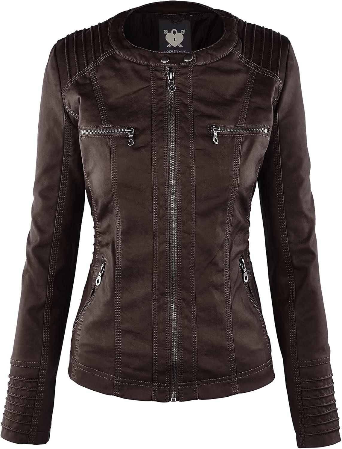 imageLock and Love Womens Faux Leather Moto Biker Jacket Coat with Removable or NonRemovable HoodWjc663coffeeAshbrown