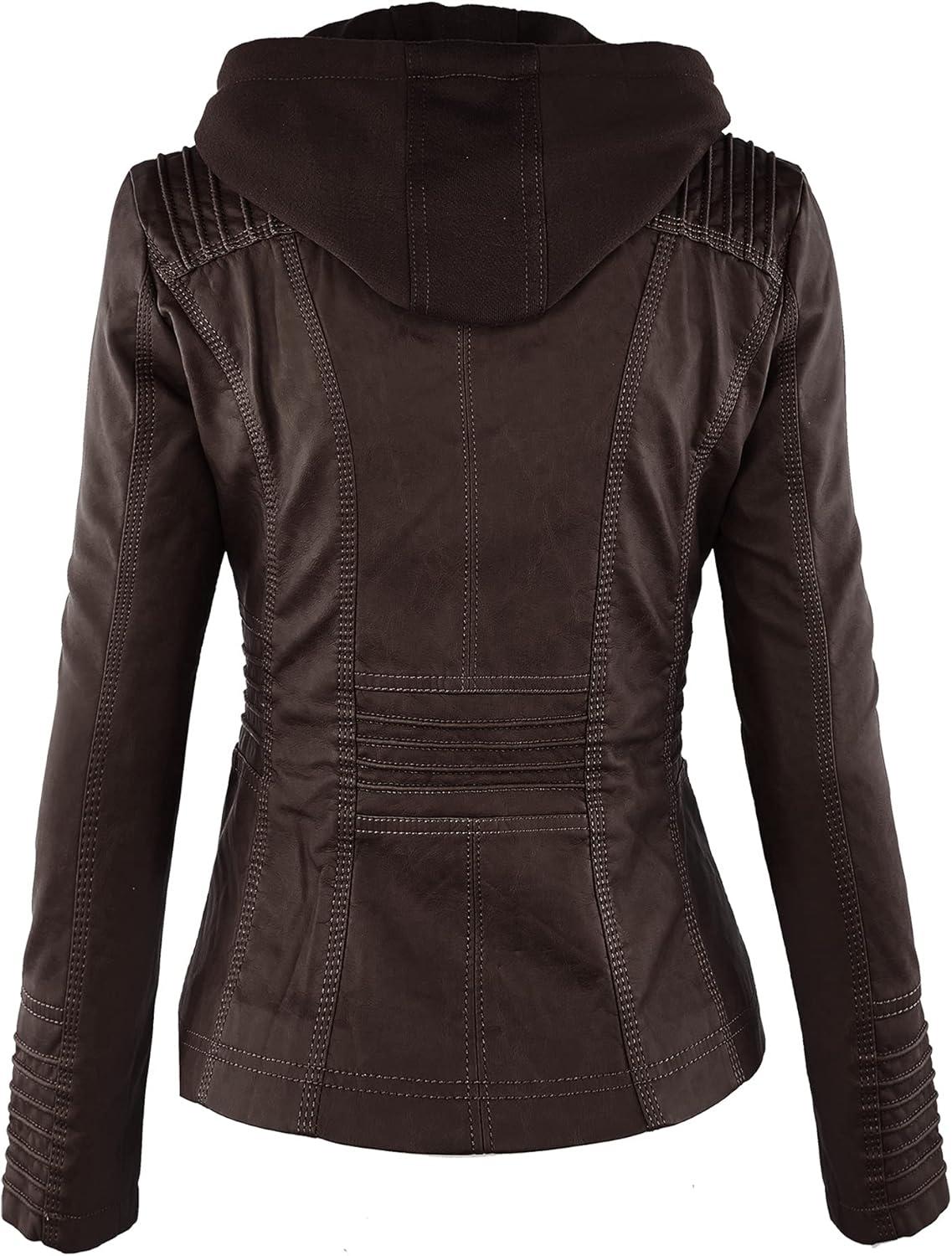 imageLock and Love Womens Faux Leather Moto Biker Jacket Coat with Removable or NonRemovable HoodWjc663coffeeAshbrown