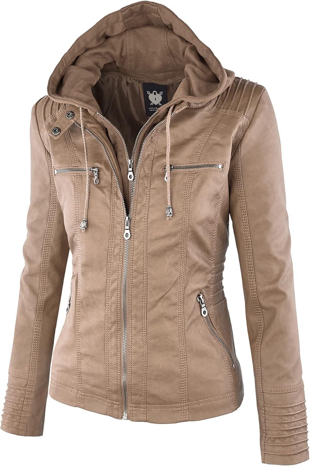 imageLock and Love Womens Faux Leather Moto Biker Jacket Coat with Removable or NonRemovable HoodWjc663taupe