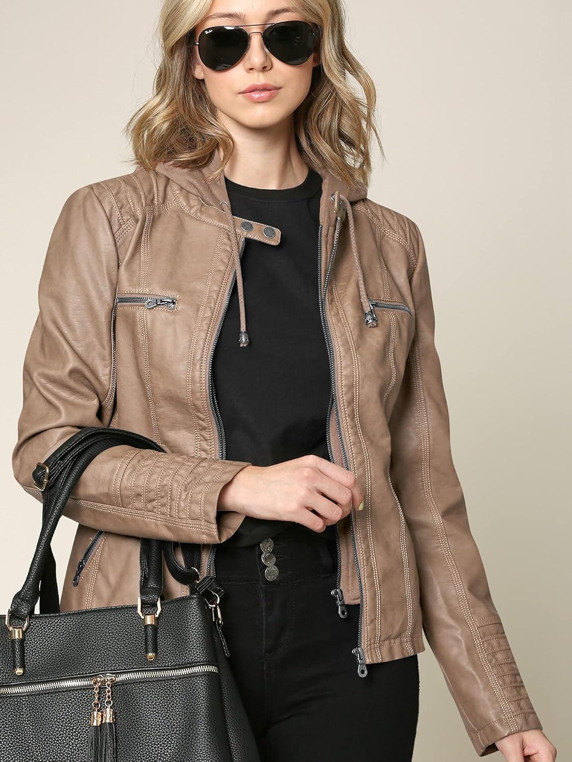 imageLock and Love Womens Faux Leather Moto Biker Jacket Coat with Removable or NonRemovable HoodWjc663taupe