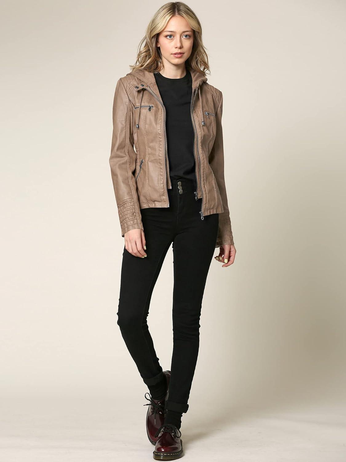 imageLock and Love Womens Faux Leather Moto Biker Jacket Coat with Removable or NonRemovable HoodWjc663taupe