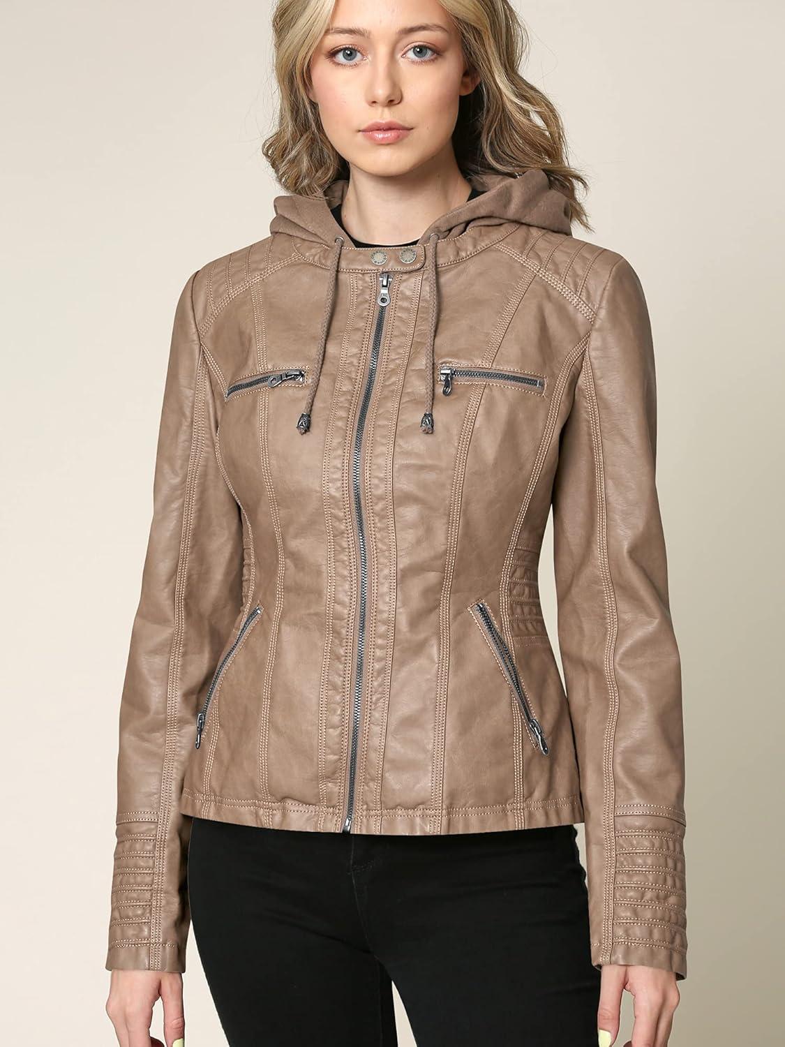 imageLock and Love Womens Faux Leather Moto Biker Jacket Coat with Removable or NonRemovable HoodWjc663taupe