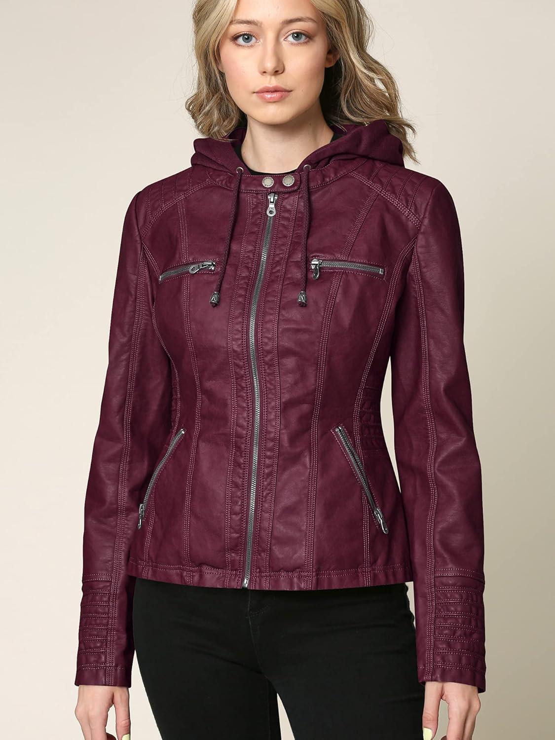 imageLock and Love Womens Faux Leather Moto Biker Jacket Coat with Removable or NonRemovable HoodWjc663wine