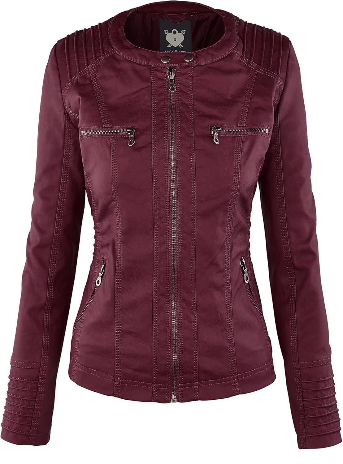 imageLock and Love Womens Faux Leather Moto Biker Jacket Coat with Removable or NonRemovable HoodWjc663wine