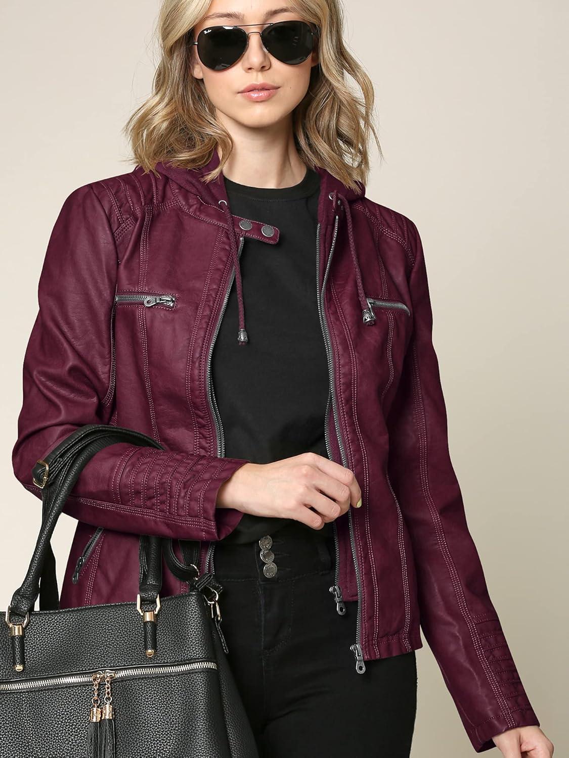 imageLock and Love Womens Faux Leather Moto Biker Jacket Coat with Removable or NonRemovable HoodWjc663wine
