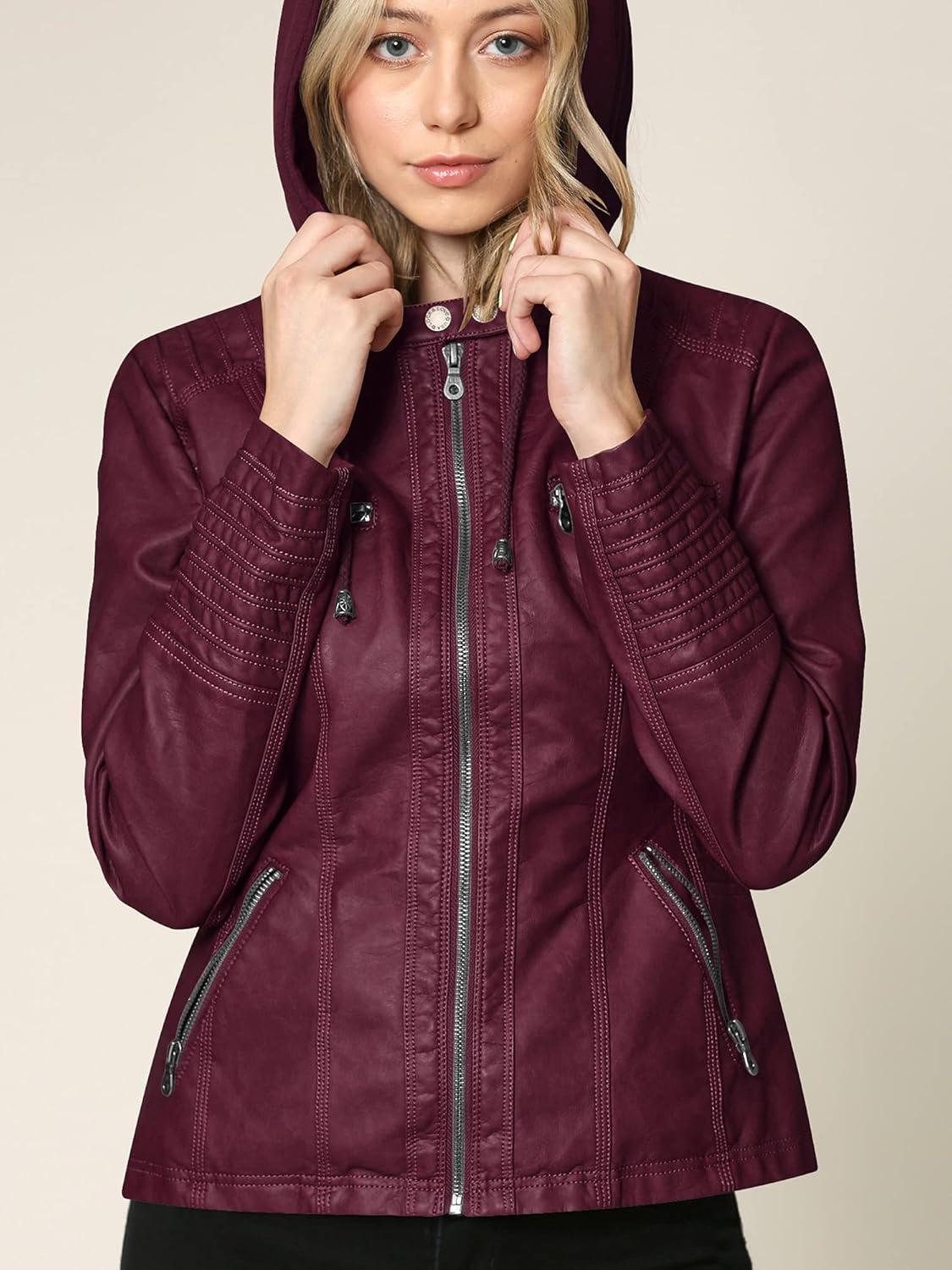 imageLock and Love Womens Faux Leather Moto Biker Jacket Coat with Removable or NonRemovable HoodWjc663wine