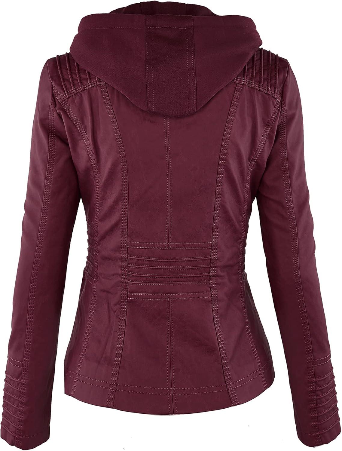imageLock and Love Womens Faux Leather Moto Biker Jacket Coat with Removable or NonRemovable HoodWjc663wine