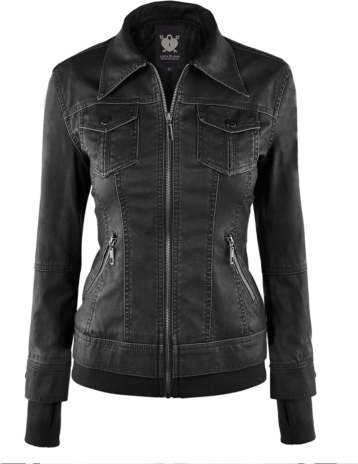 imageLock and Love Womens Faux Leather Moto Biker Jacket Coat with Removable or NonRemovable HoodWjc664blackCharcoal