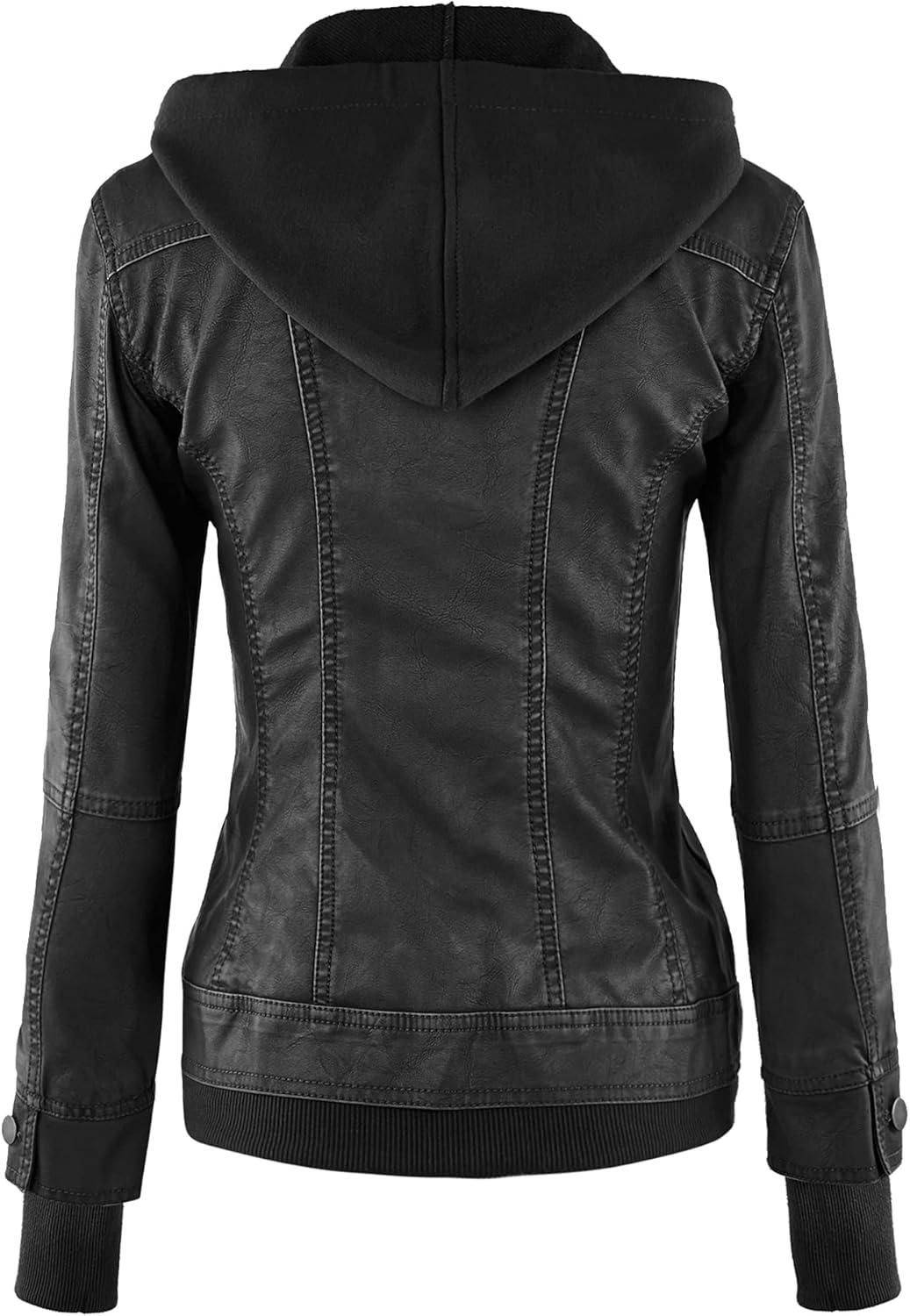 imageLock and Love Womens Faux Leather Moto Biker Jacket Coat with Removable or NonRemovable HoodWjc664blackCharcoal
