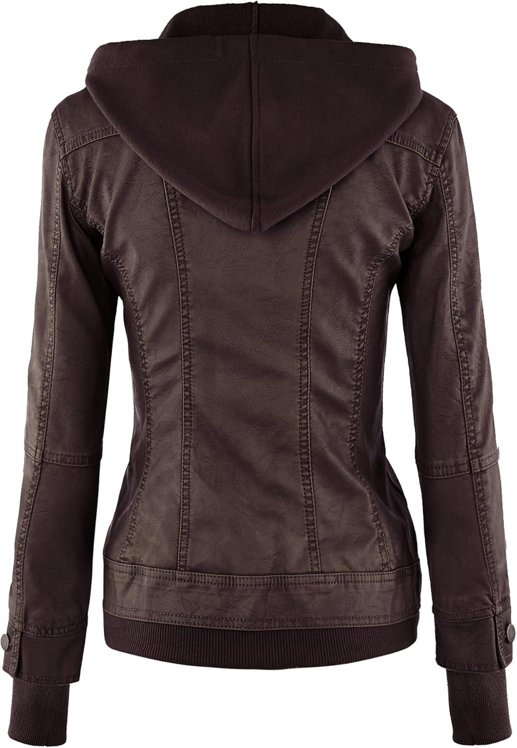 imageLock and Love Womens Faux Leather Moto Biker Jacket Coat with Removable or NonRemovable HoodWjc664coffeeAshbrown