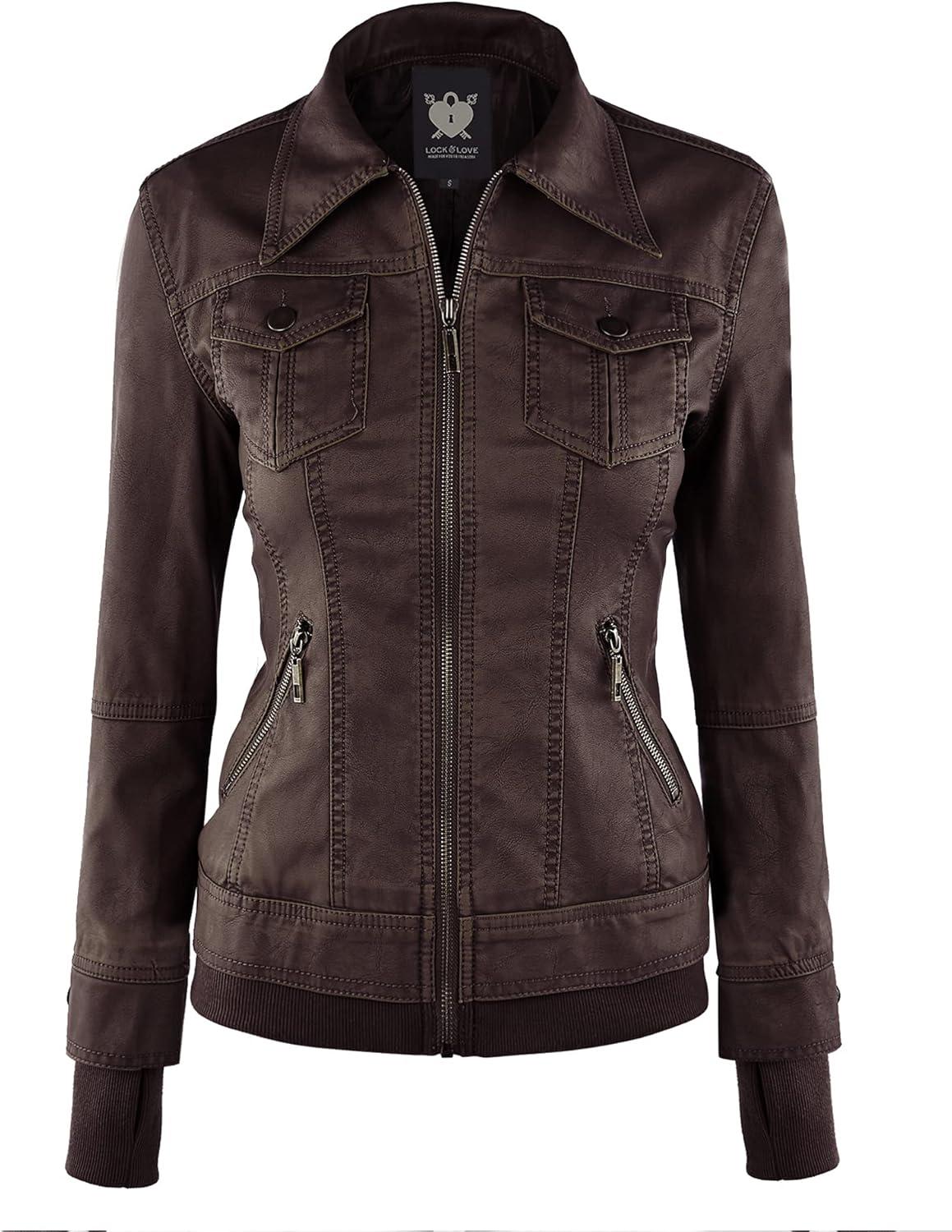 imageLock and Love Womens Faux Leather Moto Biker Jacket Coat with Removable or NonRemovable HoodWjc664coffeeAshbrown