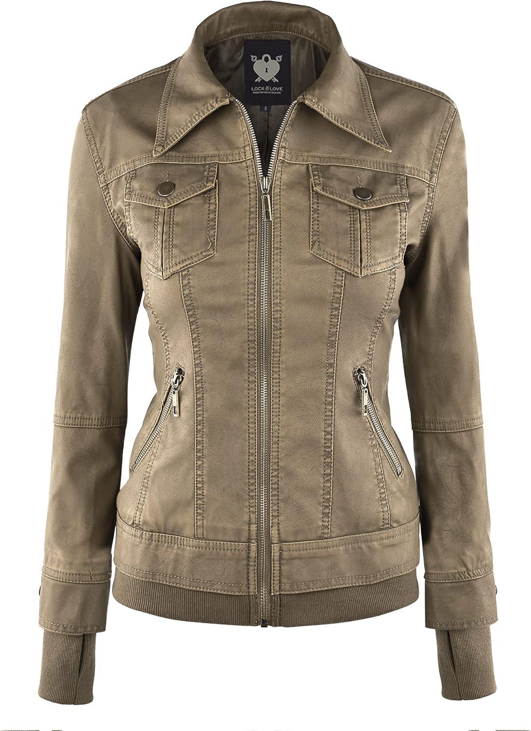 imageLock and Love Womens Faux Leather Moto Biker Jacket Coat with Removable or NonRemovable HoodWjc664khaki