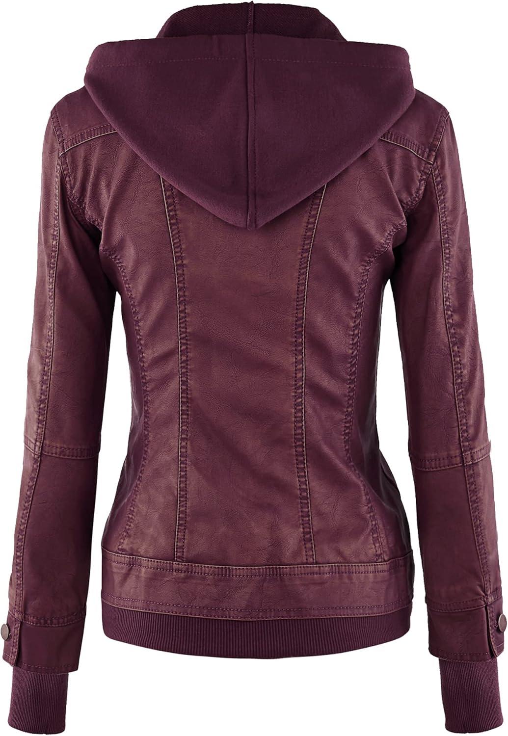 imageLock and Love Womens Faux Leather Moto Biker Jacket Coat with Removable or NonRemovable HoodWjc664wine