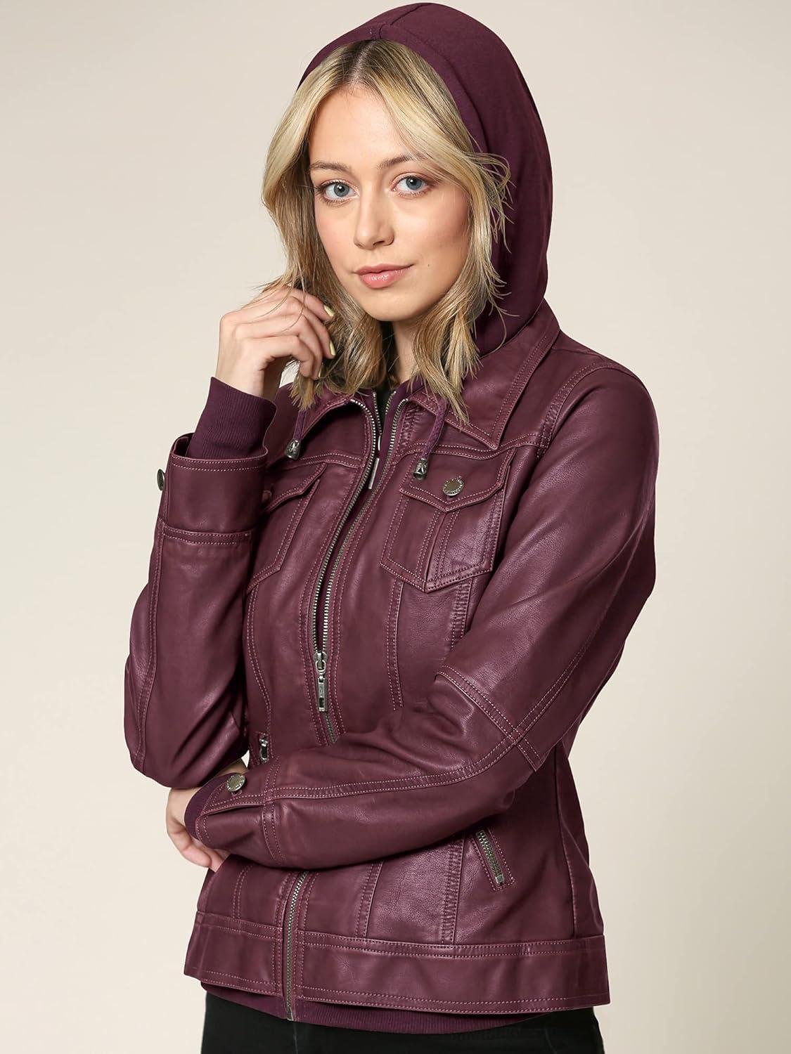 imageLock and Love Womens Faux Leather Moto Biker Jacket Coat with Removable or NonRemovable HoodWjc664wine