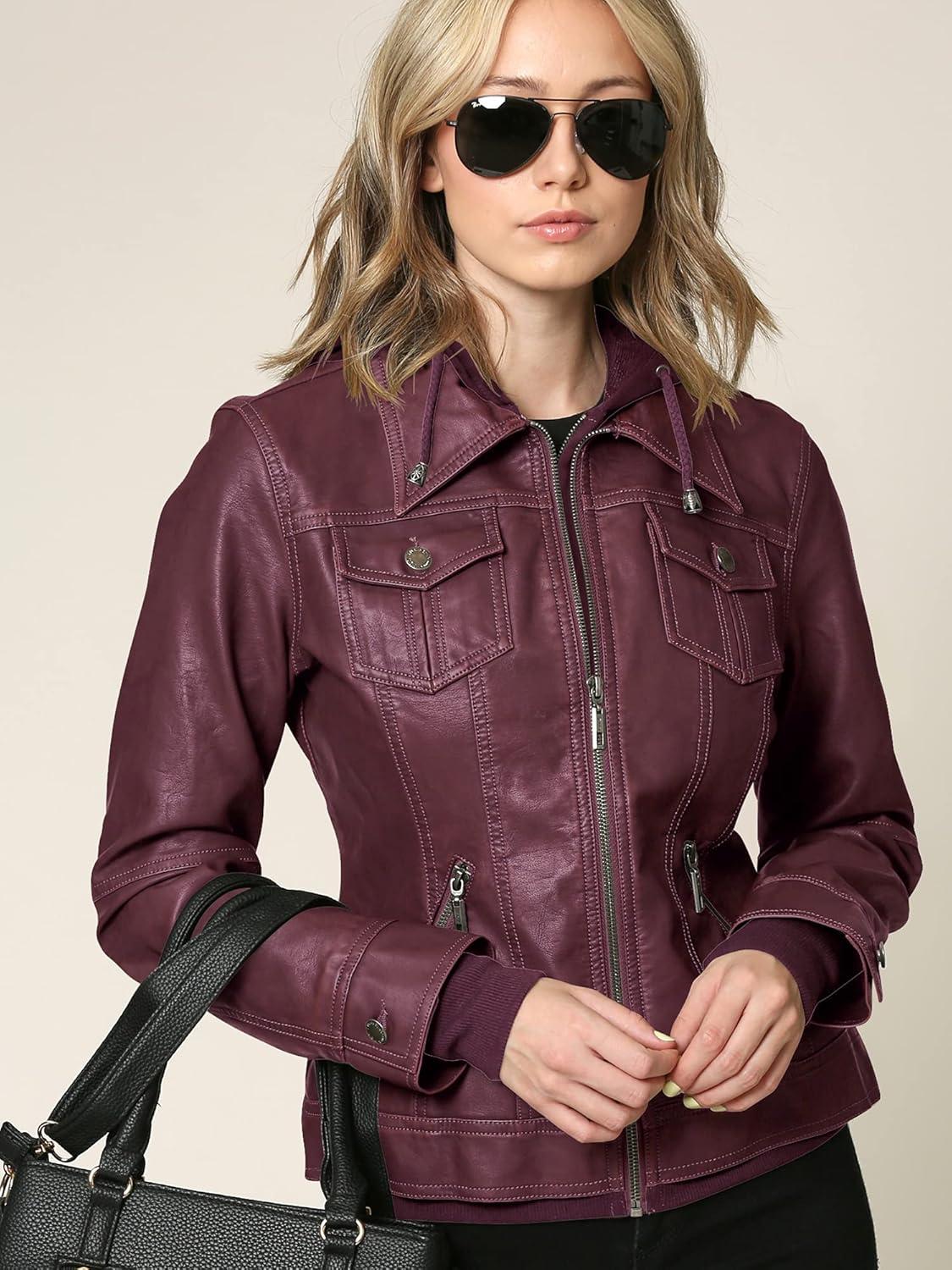 imageLock and Love Womens Faux Leather Moto Biker Jacket Coat with Removable or NonRemovable HoodWjc664wine