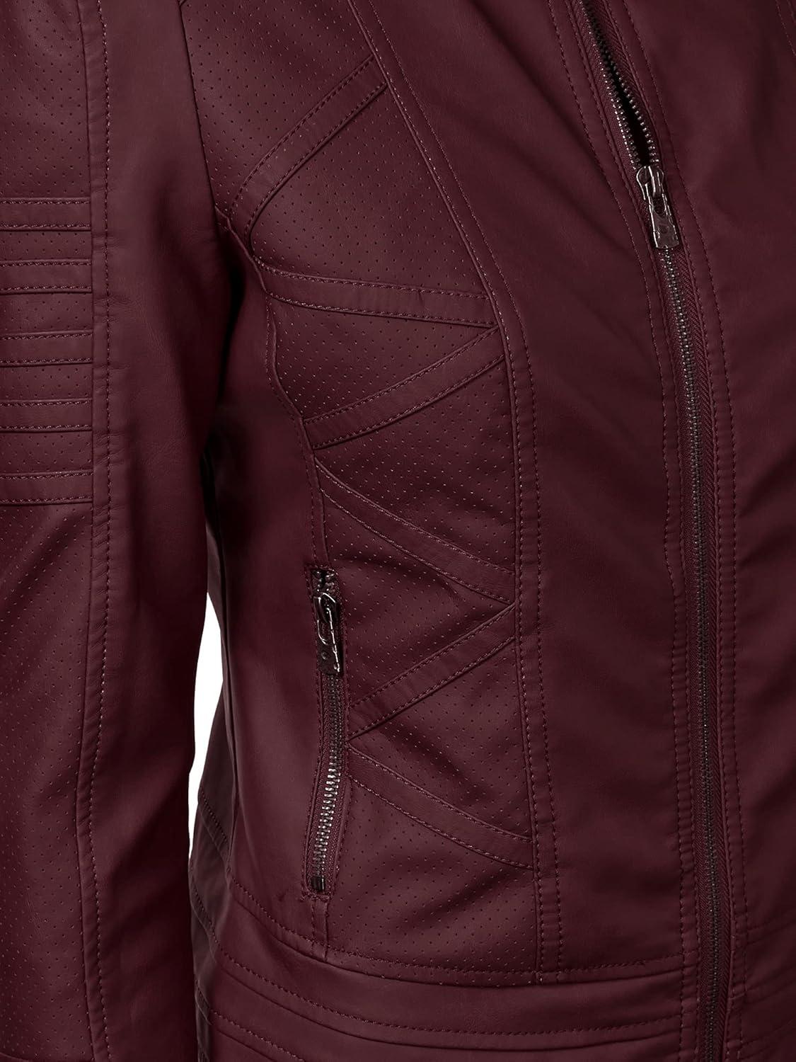 imageLock and Love Womens Faux Leather Moto Biker Jacket Coat with Removable or NonRemovable HoodWjc746awine