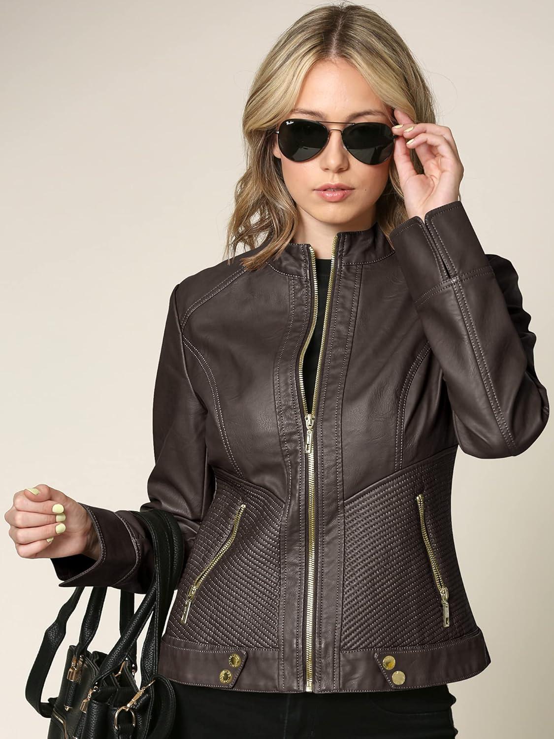 imageLock and Love Womens Faux Leather Moto Biker Jacket Coat with Removable or NonRemovable HoodWjc747acoffee
