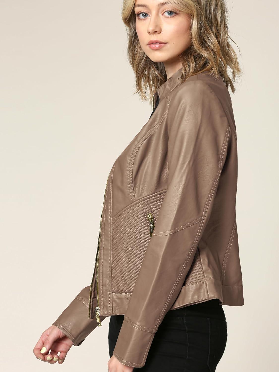 imageLock and Love Womens Faux Leather Moto Biker Jacket Coat with Removable or NonRemovable HoodWjc747akhaki