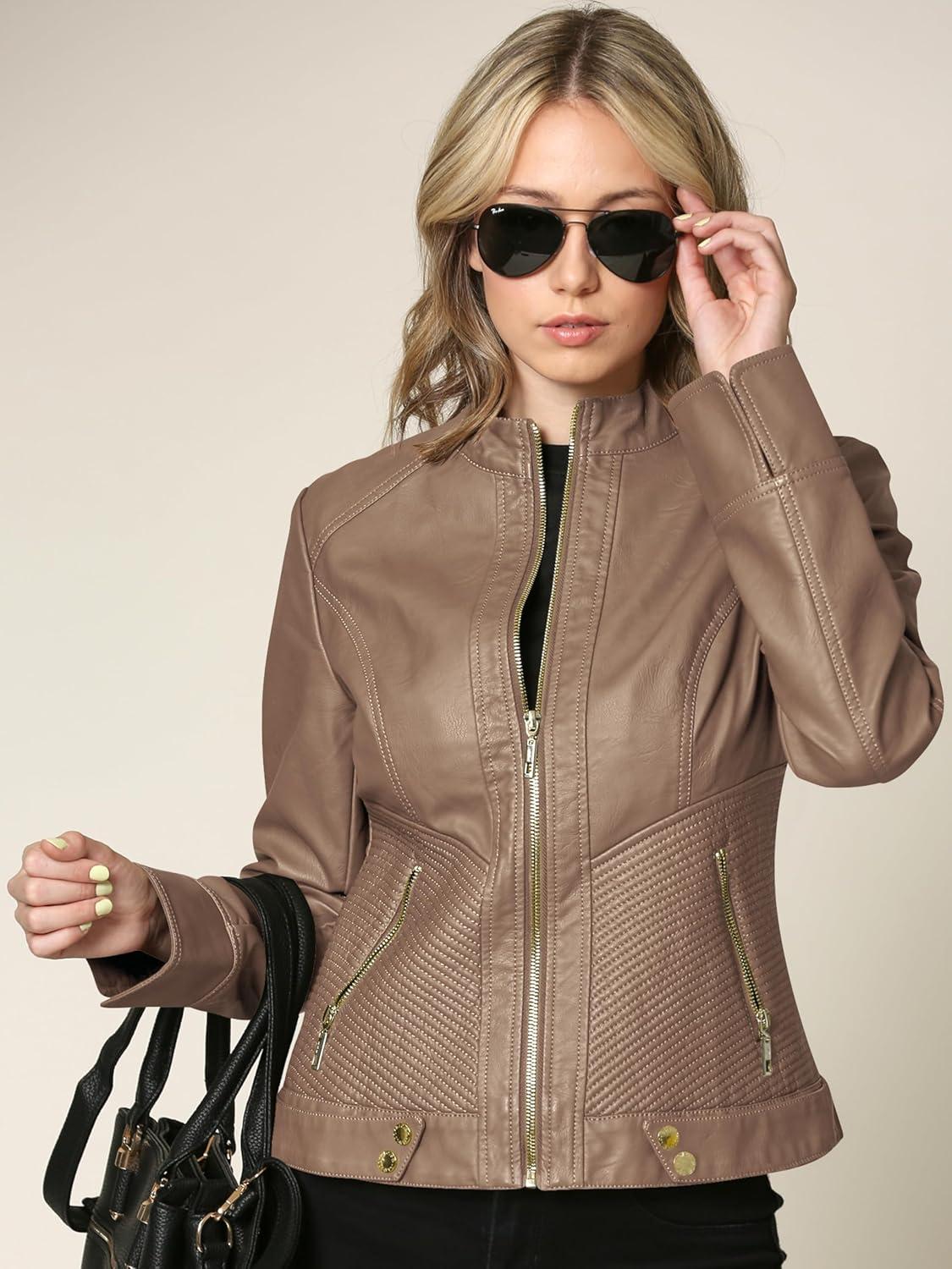 imageLock and Love Womens Faux Leather Moto Biker Jacket Coat with Removable or NonRemovable HoodWjc747akhaki